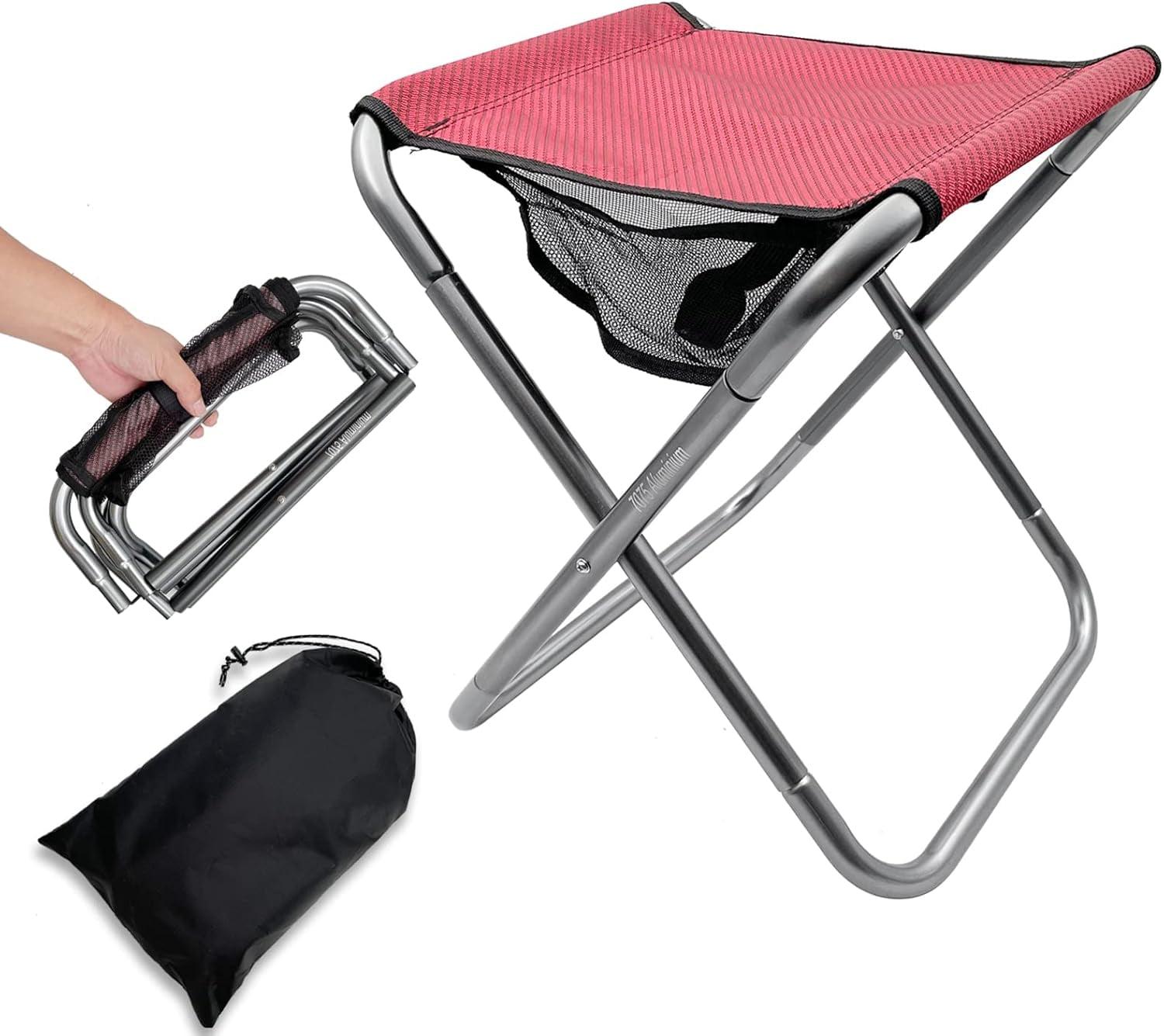 Red Aluminum Alloy Folding Camping Stool with Carry Bag