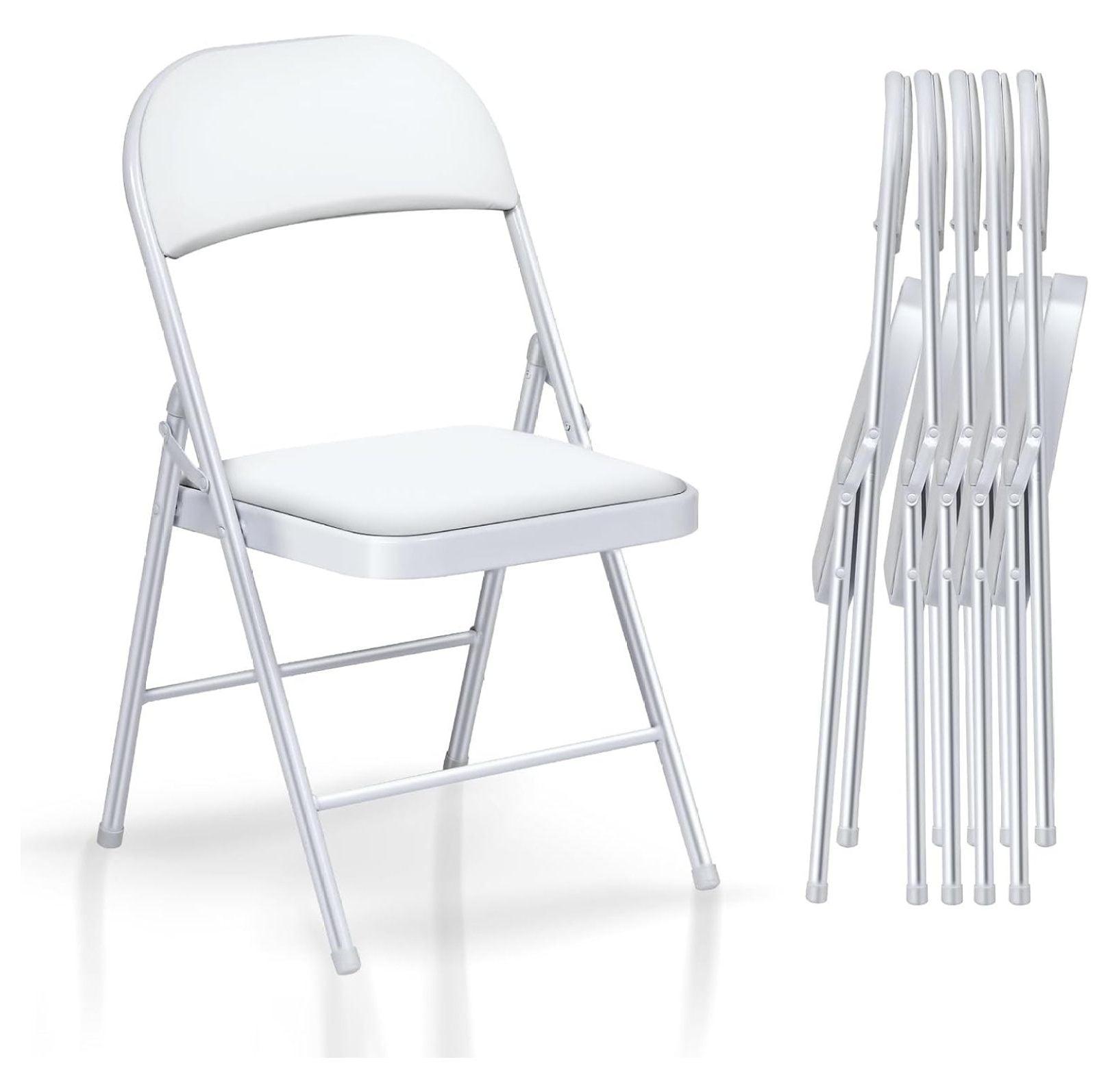 Folding Chairs with Padded Cushion and Back, 6pcs Potable Iron & PVC Durable Chairs for Indoor and Outdoor, School, Office and Garden Party, White