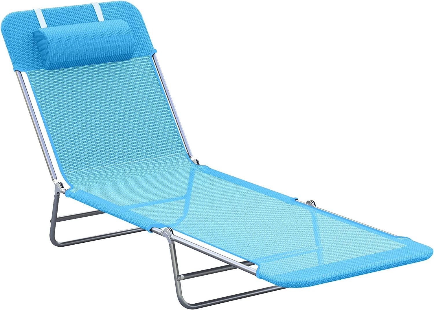 Blue Folding Steel Frame Outdoor Chaise Lounge with Pillow