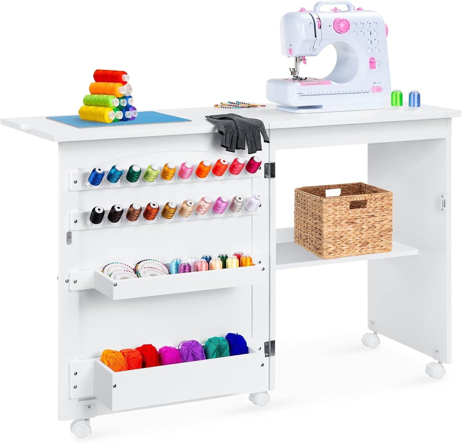 Compact White Sewing & Craft Table with Storage and Wheels