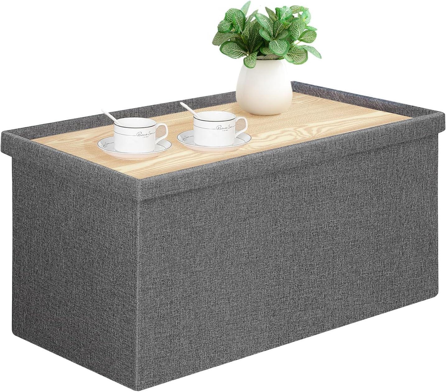 Gray 30" Folding Storage Ottoman Bench with Lid Tray