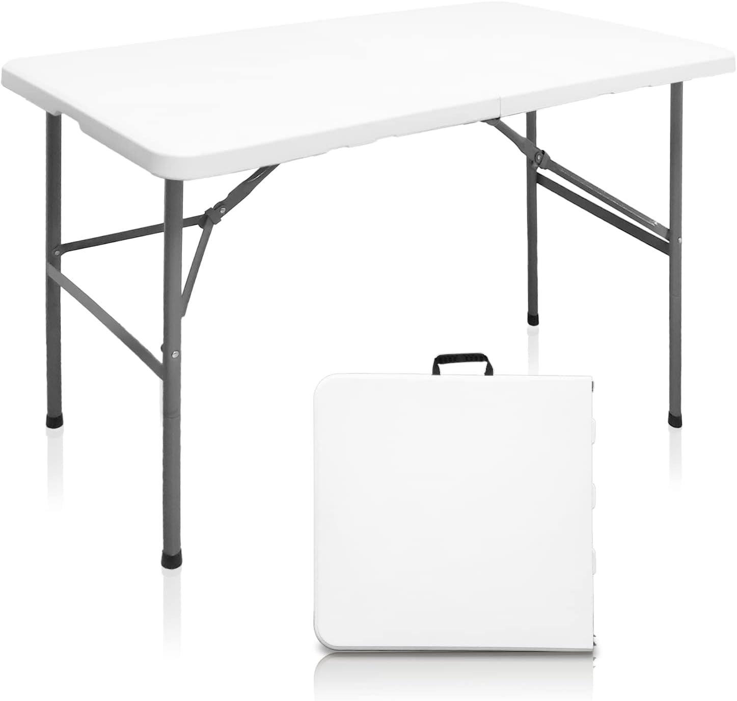 4 ft Portable Folding Table, Idustrial Heavy-Duty Foldable Table, HDPE Plastic Table, with Carrying Handle, Locks, Stright Legs for Indoor & Outdoor Party, Barbeque, Camping, Board Games - White