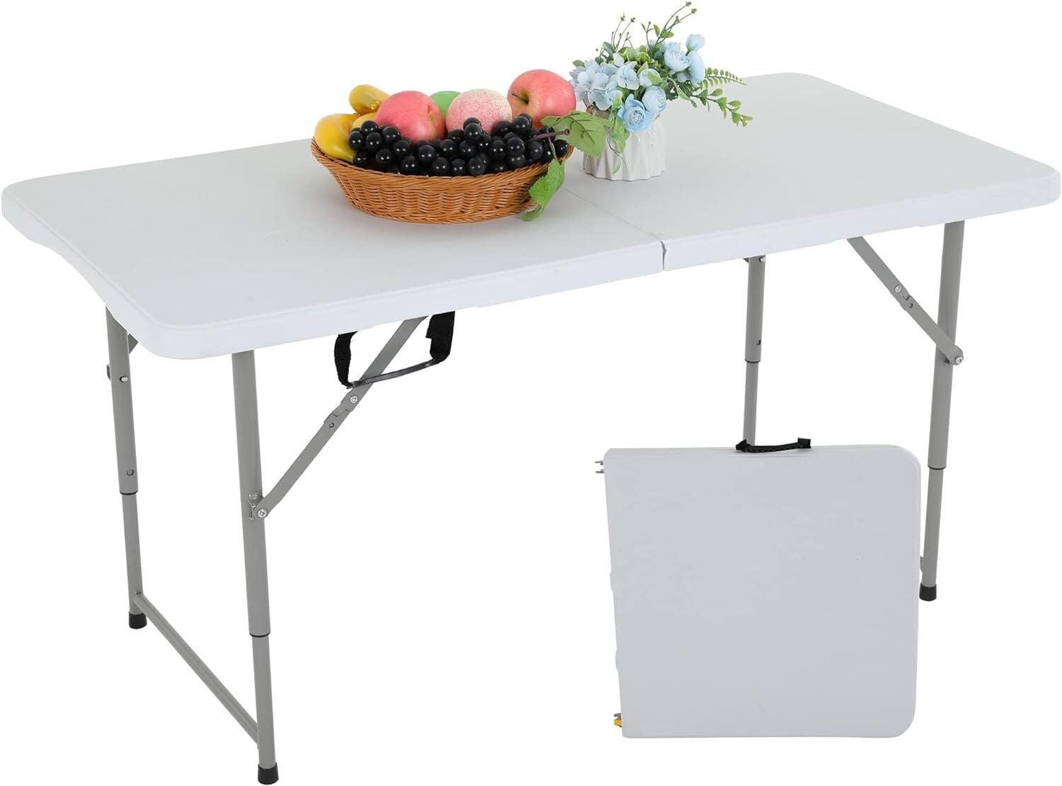 CL.HPAHKL 4 ft Folding Table with 3 Adjustable Height, Small Plastic Foldable Table with Carrying Handle, Portable Camping Table Fold in Half for Indoor Outdoor Camping, Picnic and Party, White