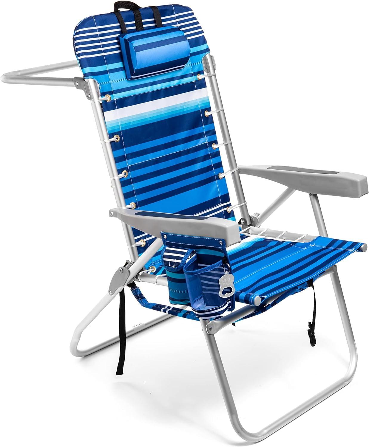 High Tide Blue Tall Folding Beach Chair with Storage and Cooler