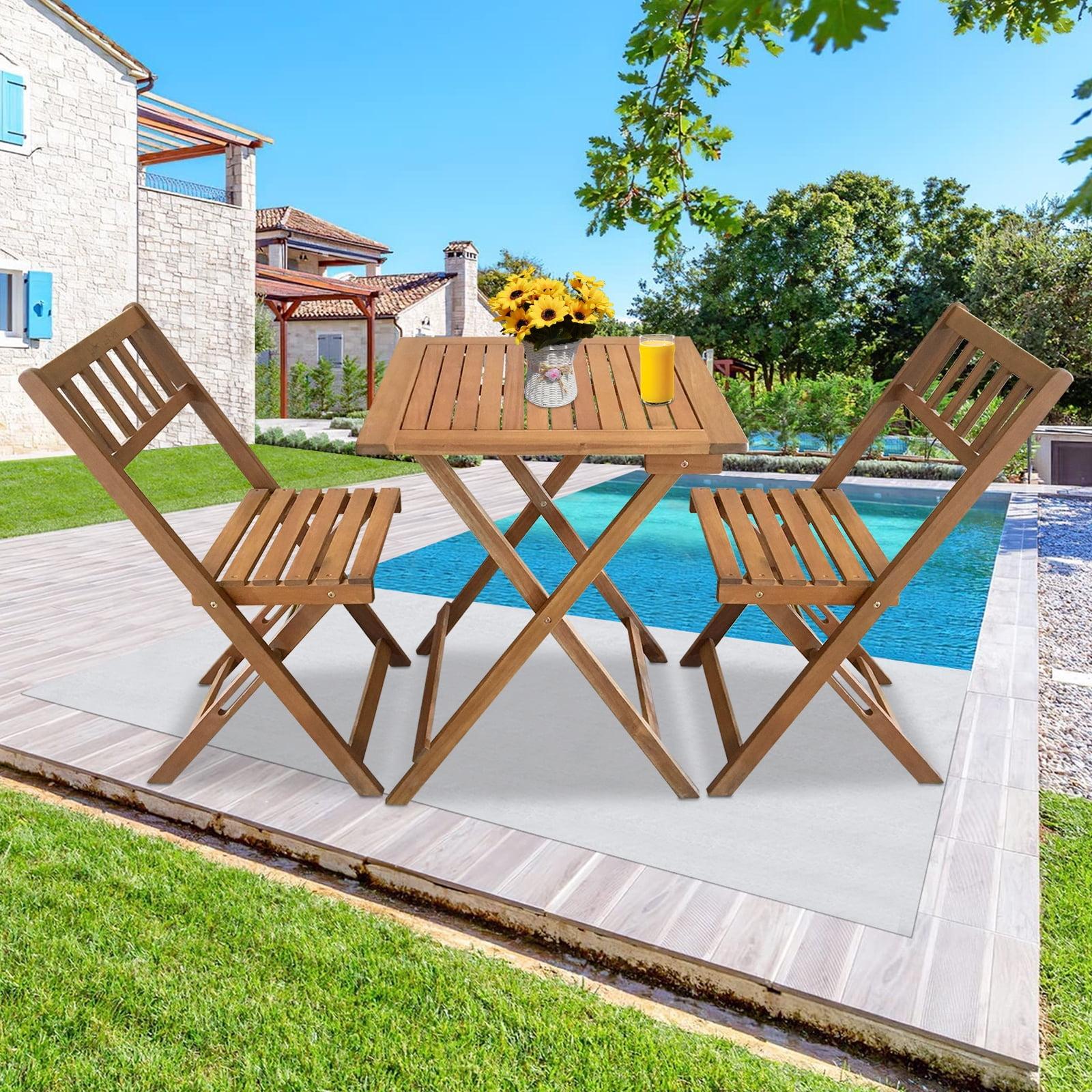 FDW Outdoor Bistro Set with 2 Chairs and Square Table for Pool Beach Backyard Balcony Porch Deck Garden Wooden Furniture, Natural