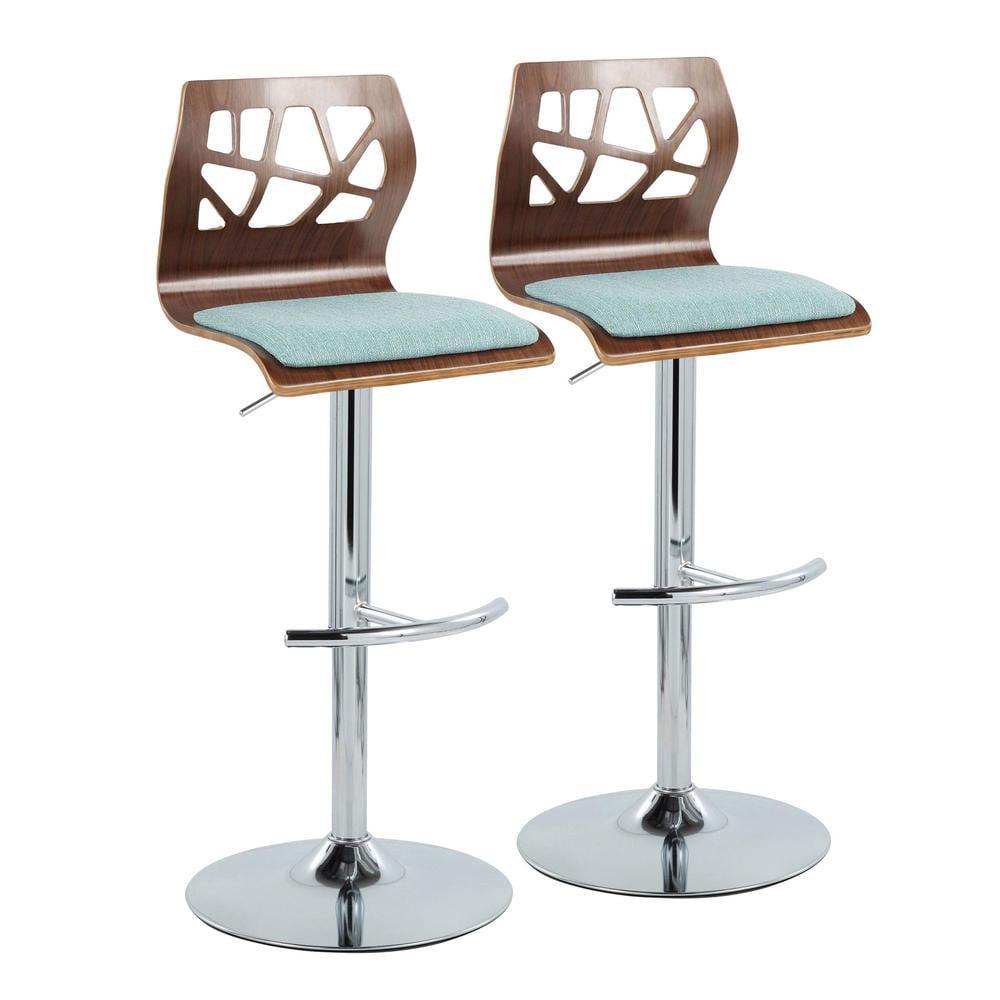 LumiSource Chrome Metal, Walnut Wood, Teal Fabric Folia Adjustable Barstool - Set of 2