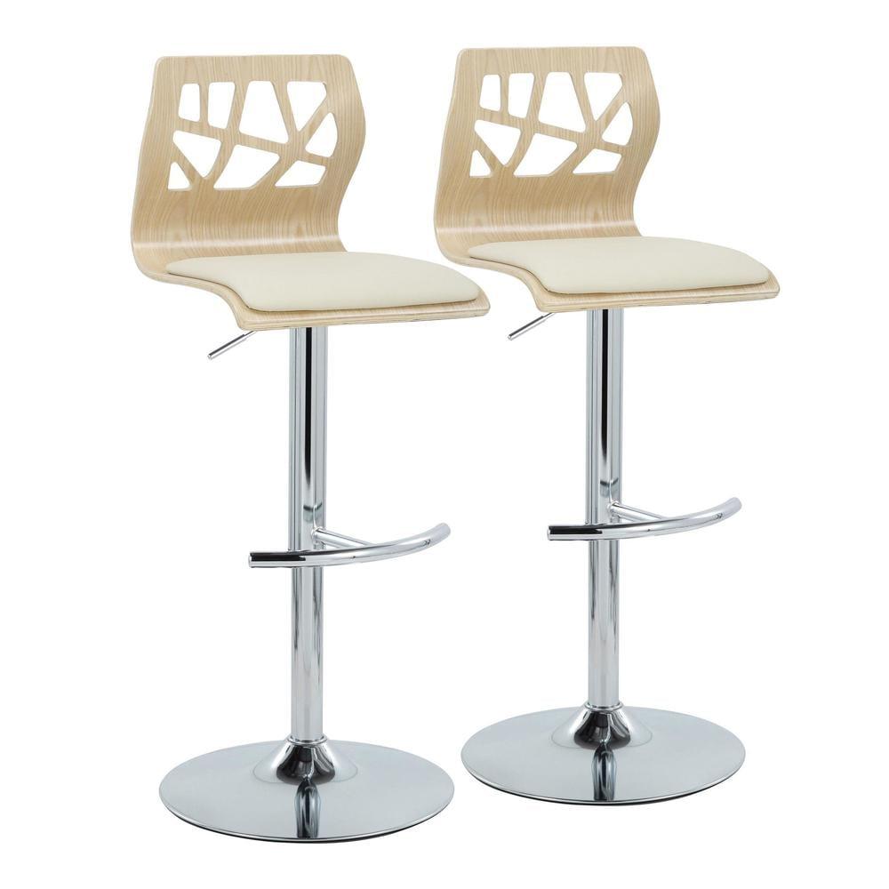 LumiSource Chrome Metal, Natural Wood, Cream PU Folia Adjustable Barstool - Set of 2