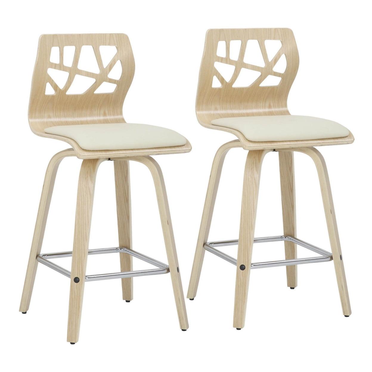 Natural Wood and Cream Faux Leather Mid-Century Modern Counter Stools