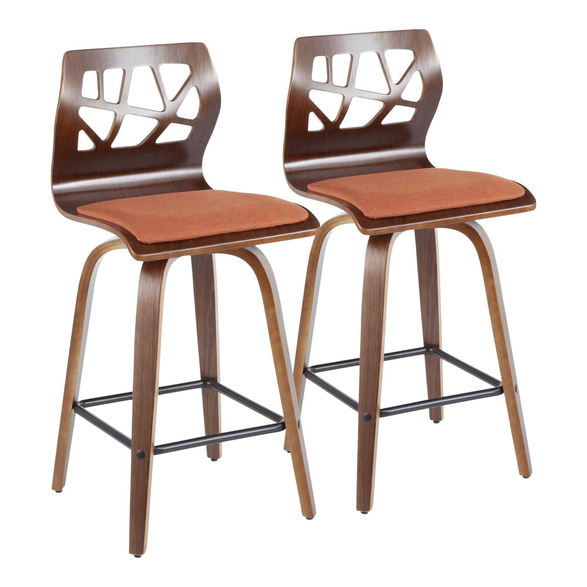 Folia Mid-Century Modern Counter Stool in Walnut Wood and Orange Fabric by LumiSource - Set of 2