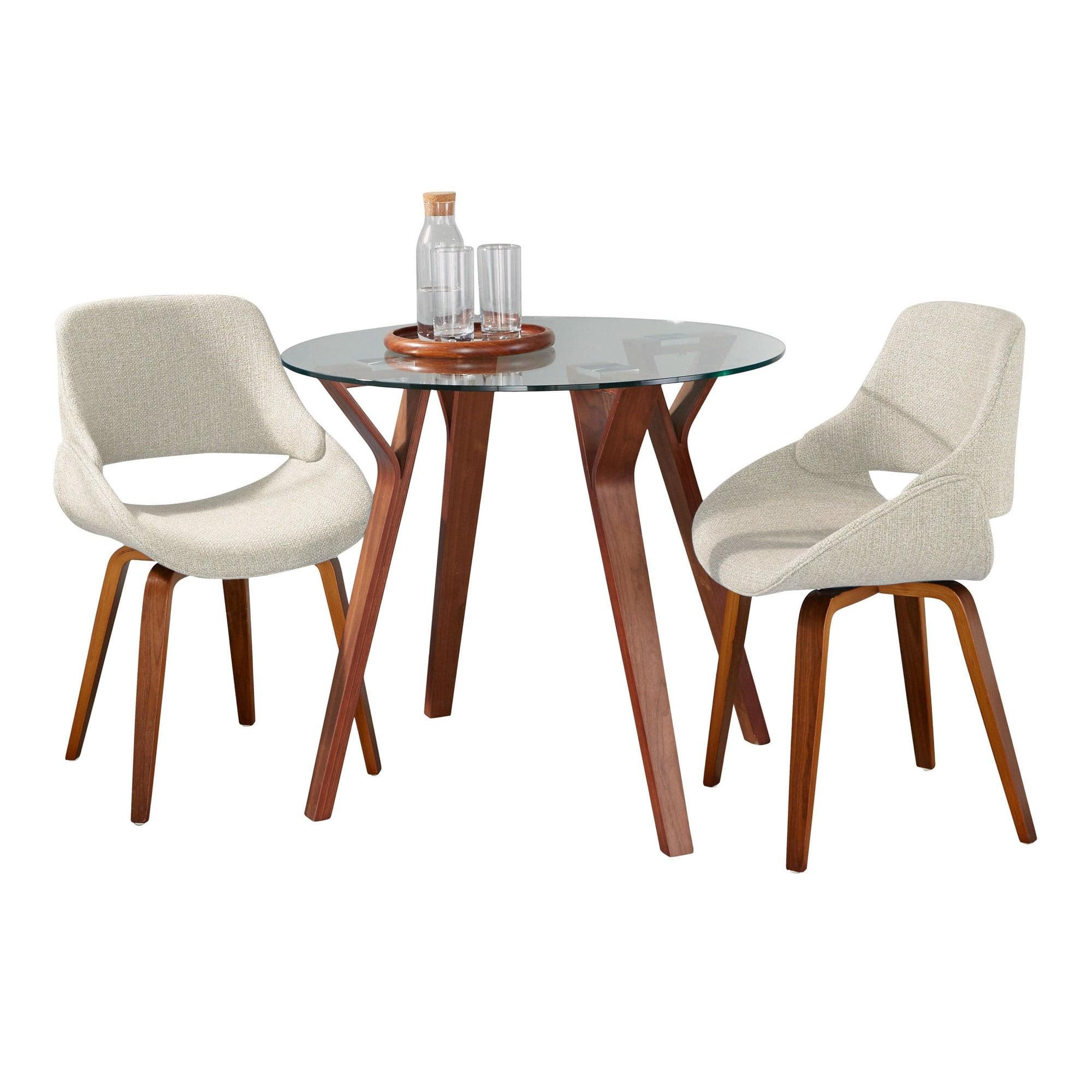 Clear Glass Round Dining Table with Cream Upholstered Chairs