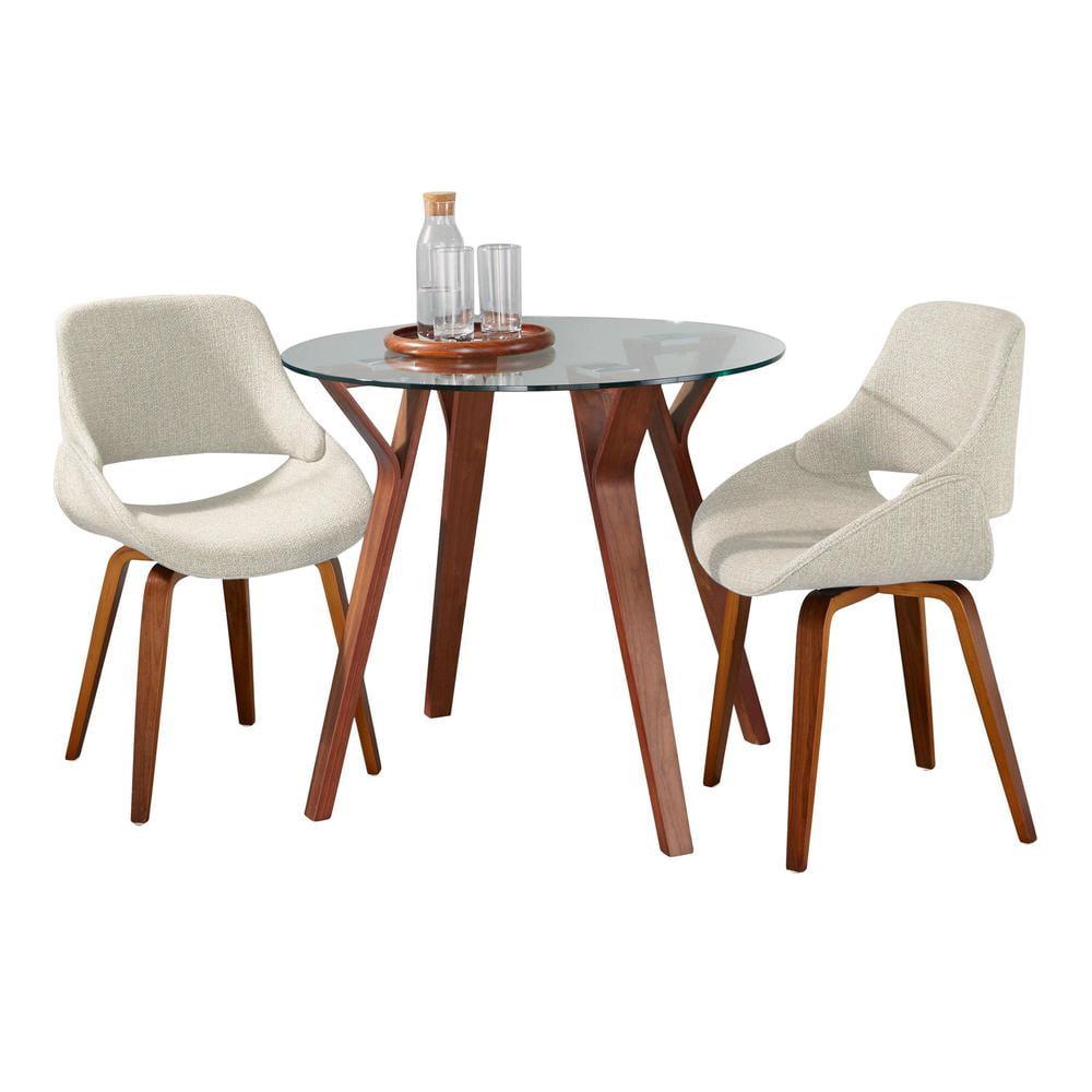 Clear Glass Round Dining Table with Cream Upholstered Chairs