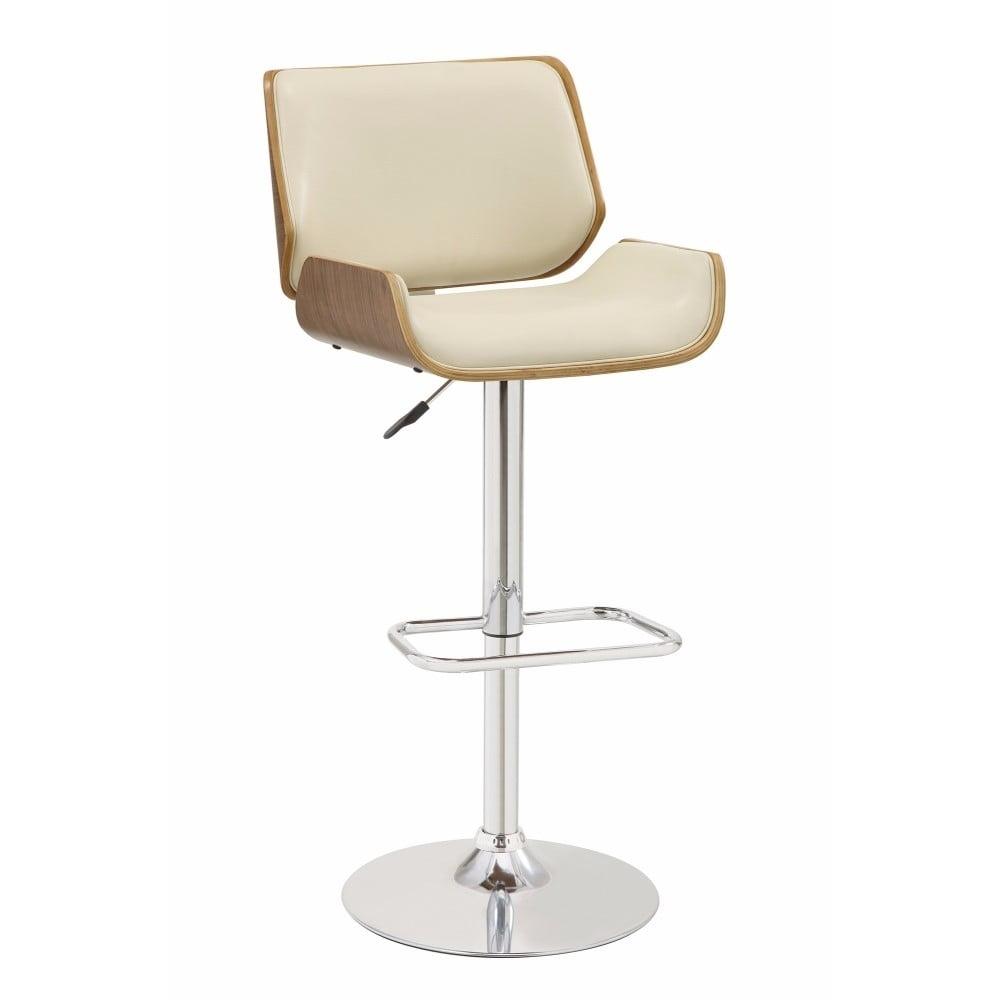 Cream Faux Leather Adjustable Swivel Bar Stool with Walnut Wood