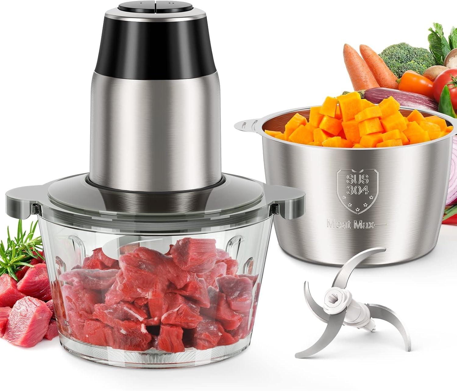 KIBNOF Food Processors, Electric Food Chopper with Meat Grinder & Vegetable Chopper - 2 Bowls (8 Cup+8 Cup) with Powerful 450W Copper Motor - Includes 2 Sets of Bi-Level Blades for Fruits/Meat/Nuts