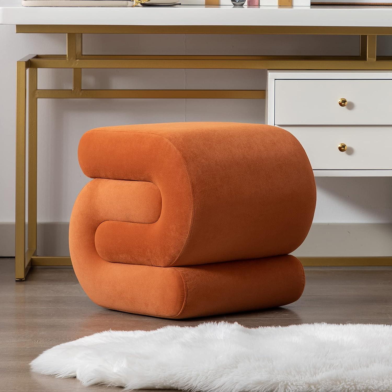 Foot Stool, Modern S-Shape Velvet Ottoman Makeup Chair Footstool Under Desk, Upholstered Extra Seating for Living Room, Bedroom, Entryway, Office (Orange)