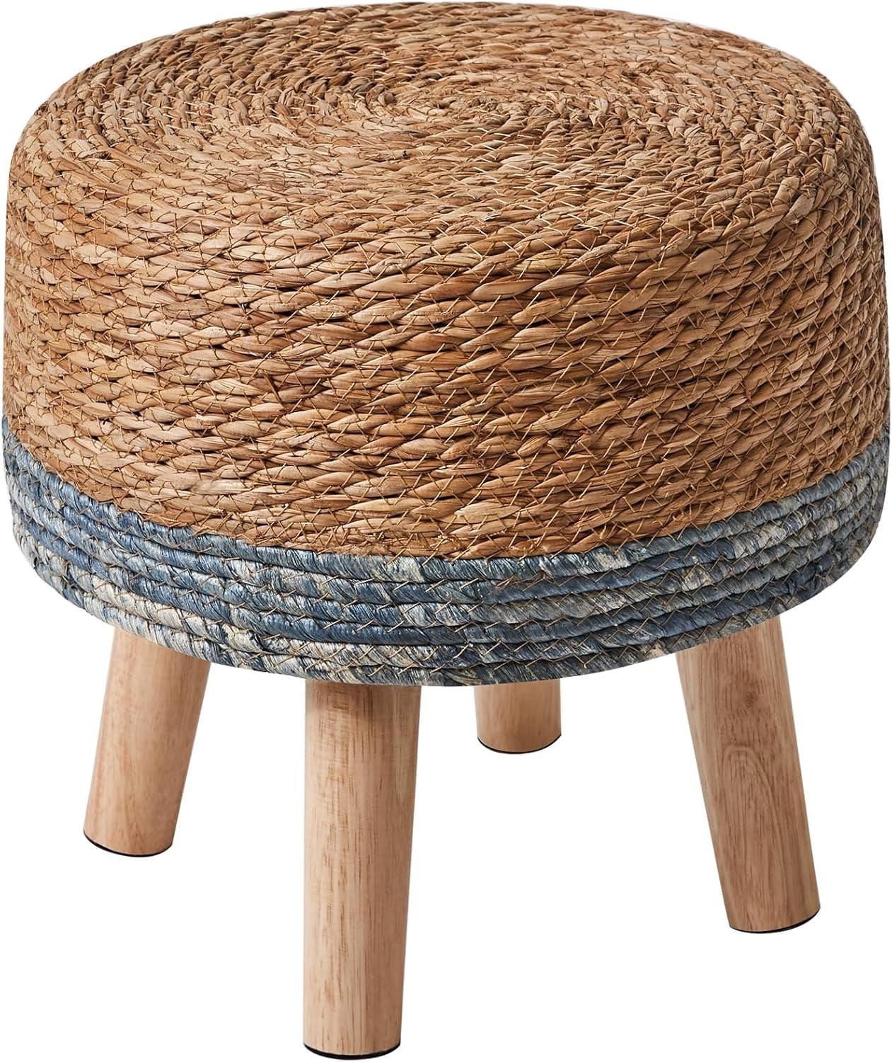 YMYNY Foot Stool Natural Seagrass Hand Weave, 12.6" Small Ottoman, Round Footrest for Living Room, Bedroom, Entryway, Change Shoes Stool, Non-Skid Wood Legs, Boho, Blue+White UHBD027QW