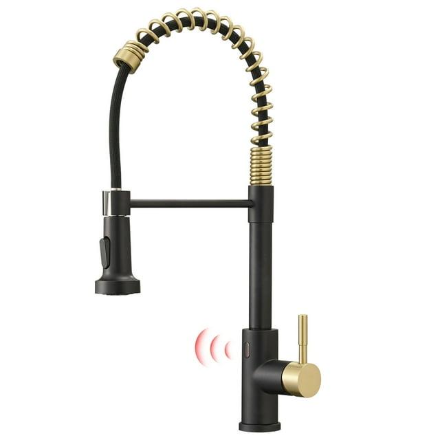 Forclover Touchless Kitchen Faucet with Pull Down Sprayer, Motion Sensor Smart Hands-Free Activated Single Hole Spring Faucet for Kitchen Sink, Black and Gold