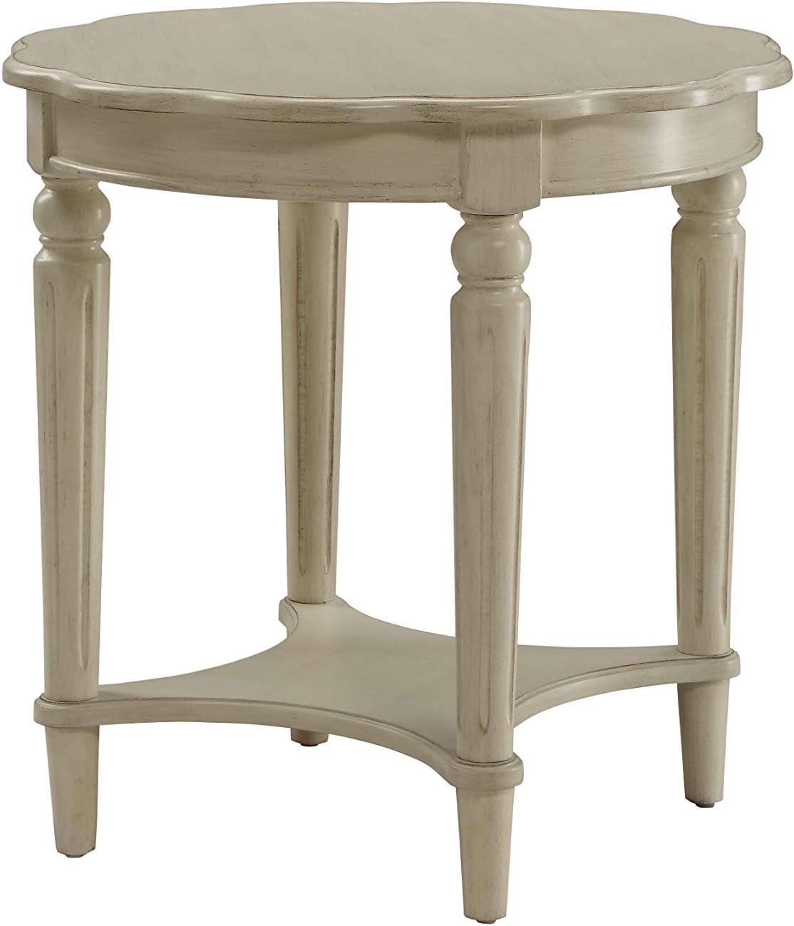 Antique White Round Wooden End Table with Shelf