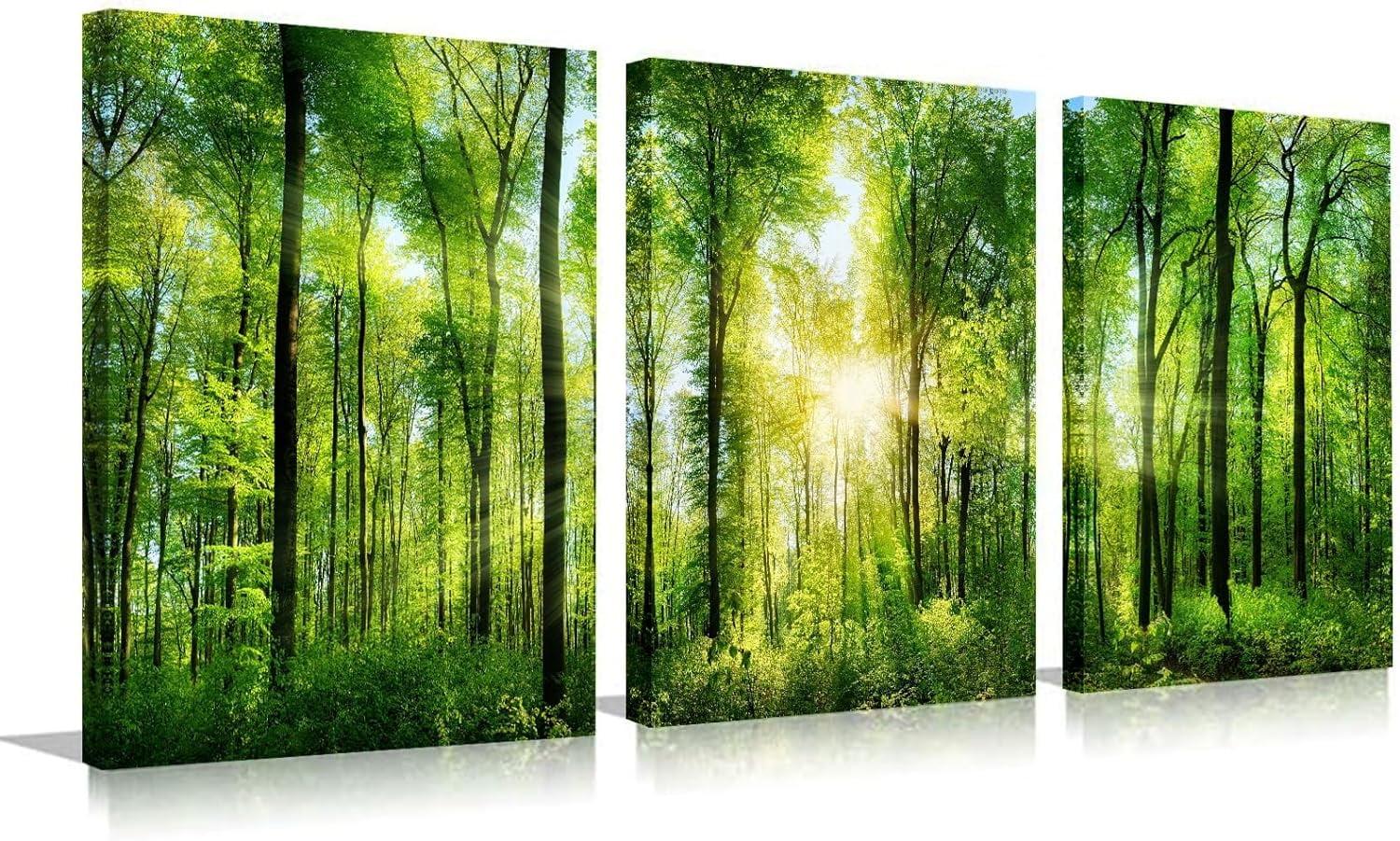 3 Panel Nature Wall Art ,Landscape Paintings Framed Trees Green Pictures Sunrise Scenery Wall Decor