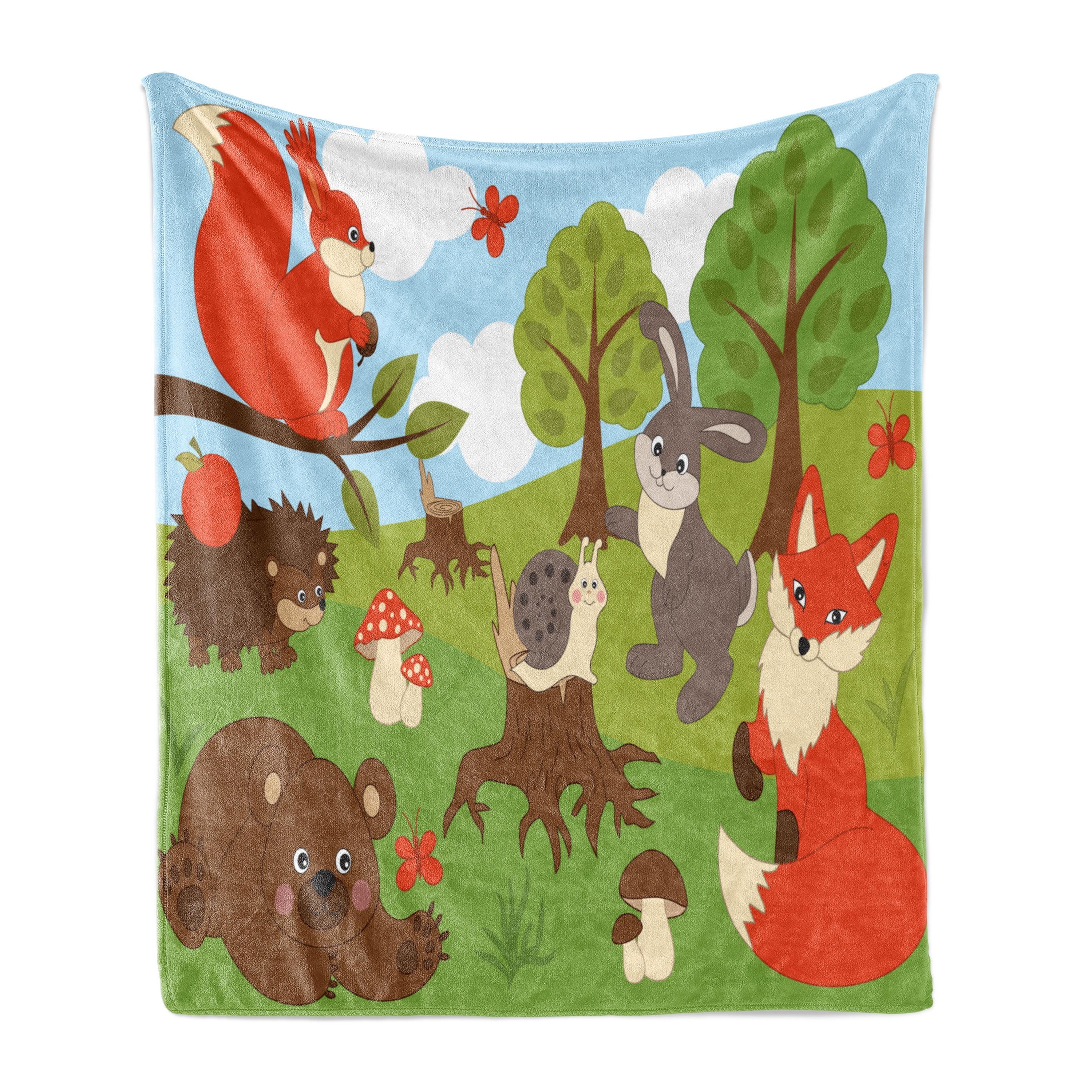 Ambesonne Forest Friends Fleece Throw Blanket Woodland Fauna Multicolor