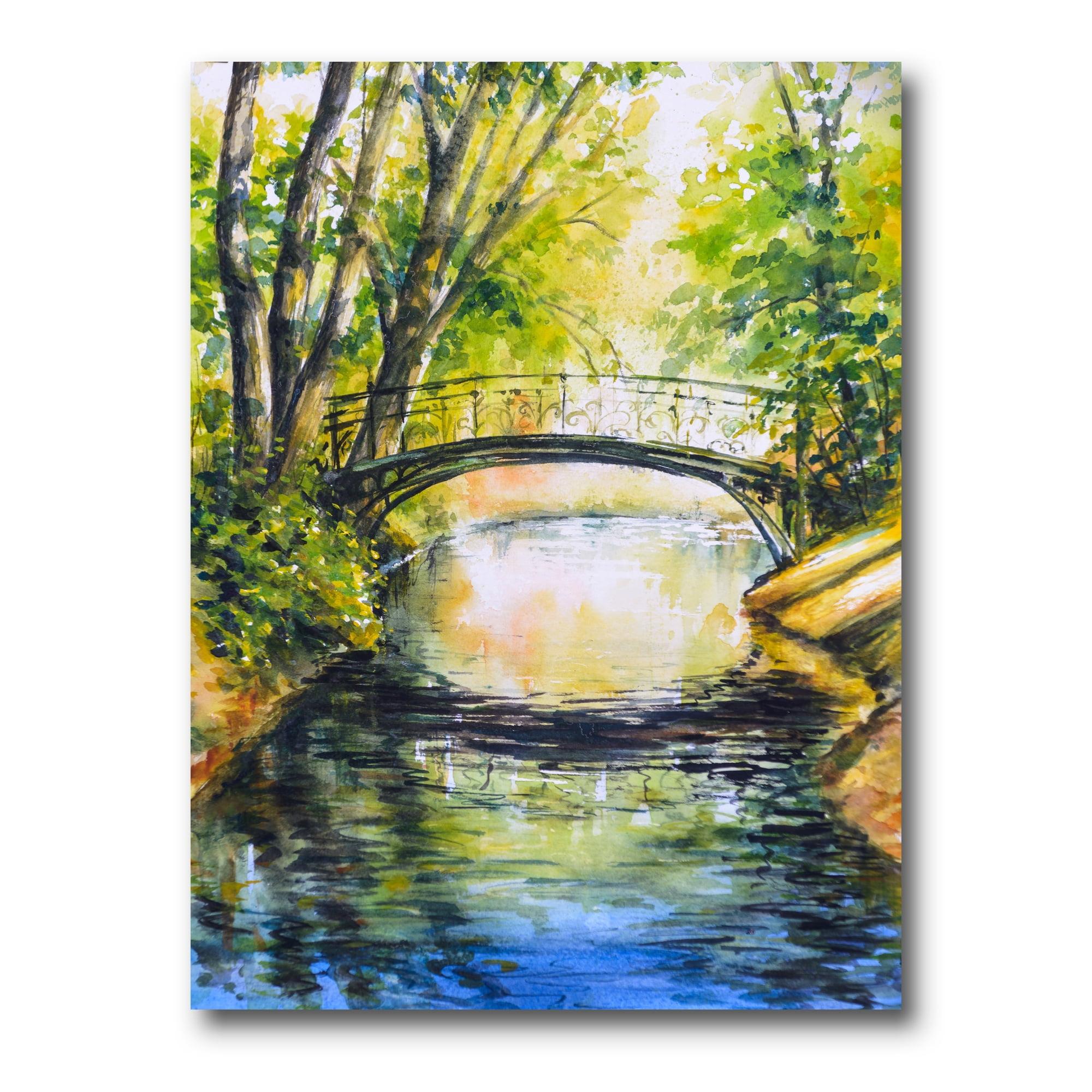 Forest Park With Bridge Over Troubled Water 8 in x 12 in Painting Canvas Art Print, by Designart