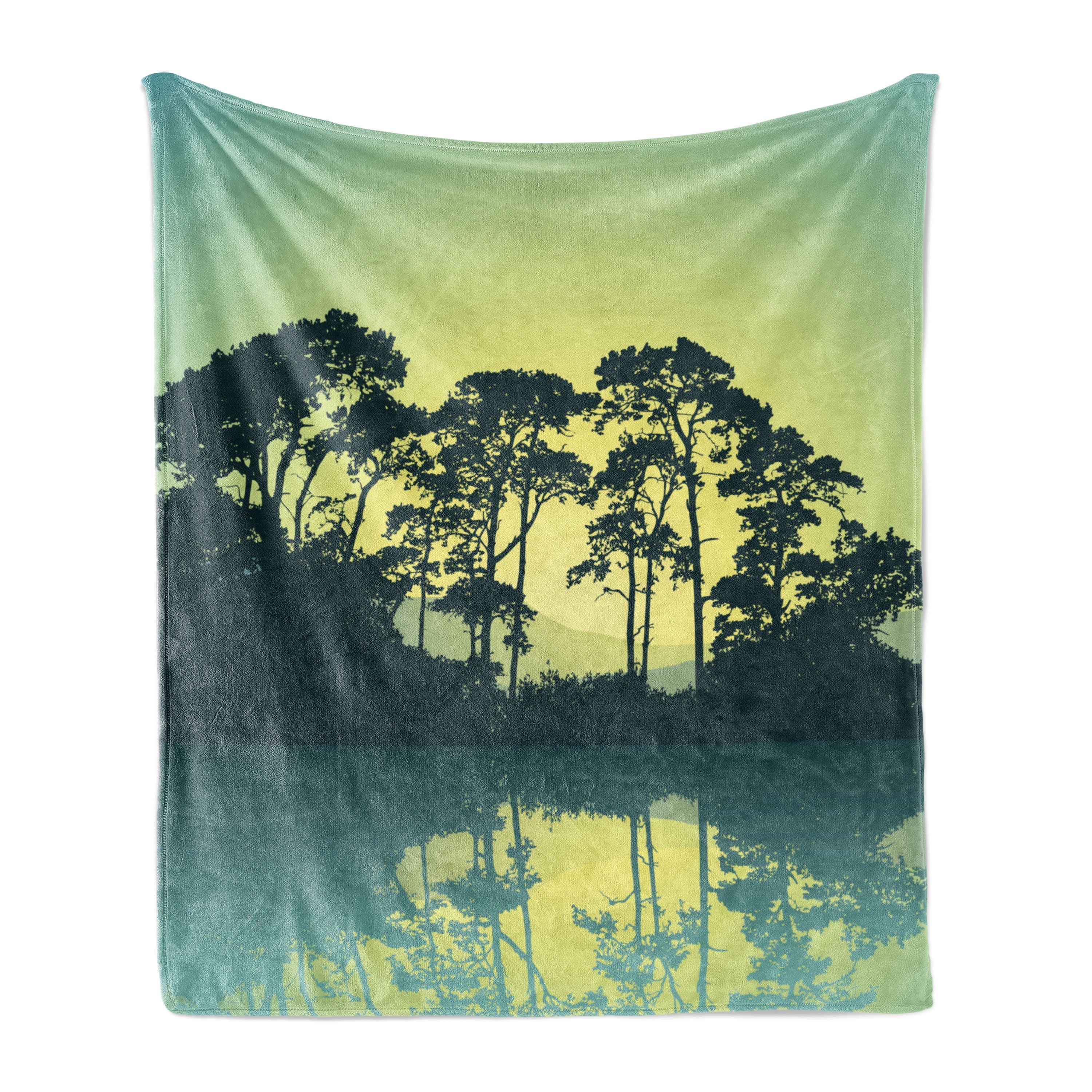 Ambesonne Abstract Fleece Throw Blanket Forest Tree Landscape Blue and Green