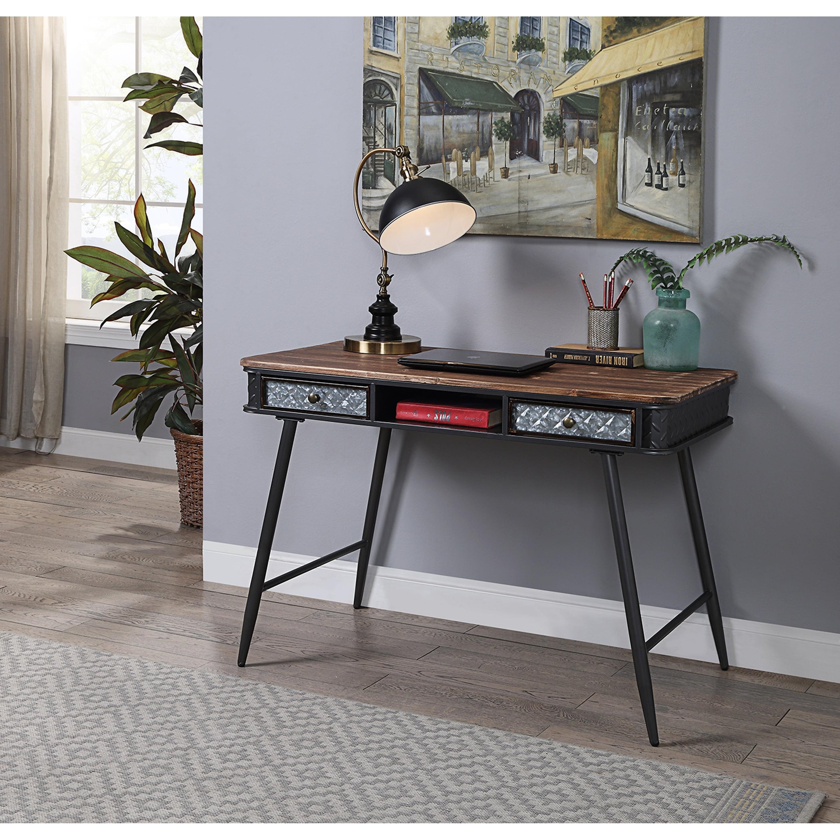 Galvanized Gray 43.8" Wood Desk with Embossed Metal Drawers