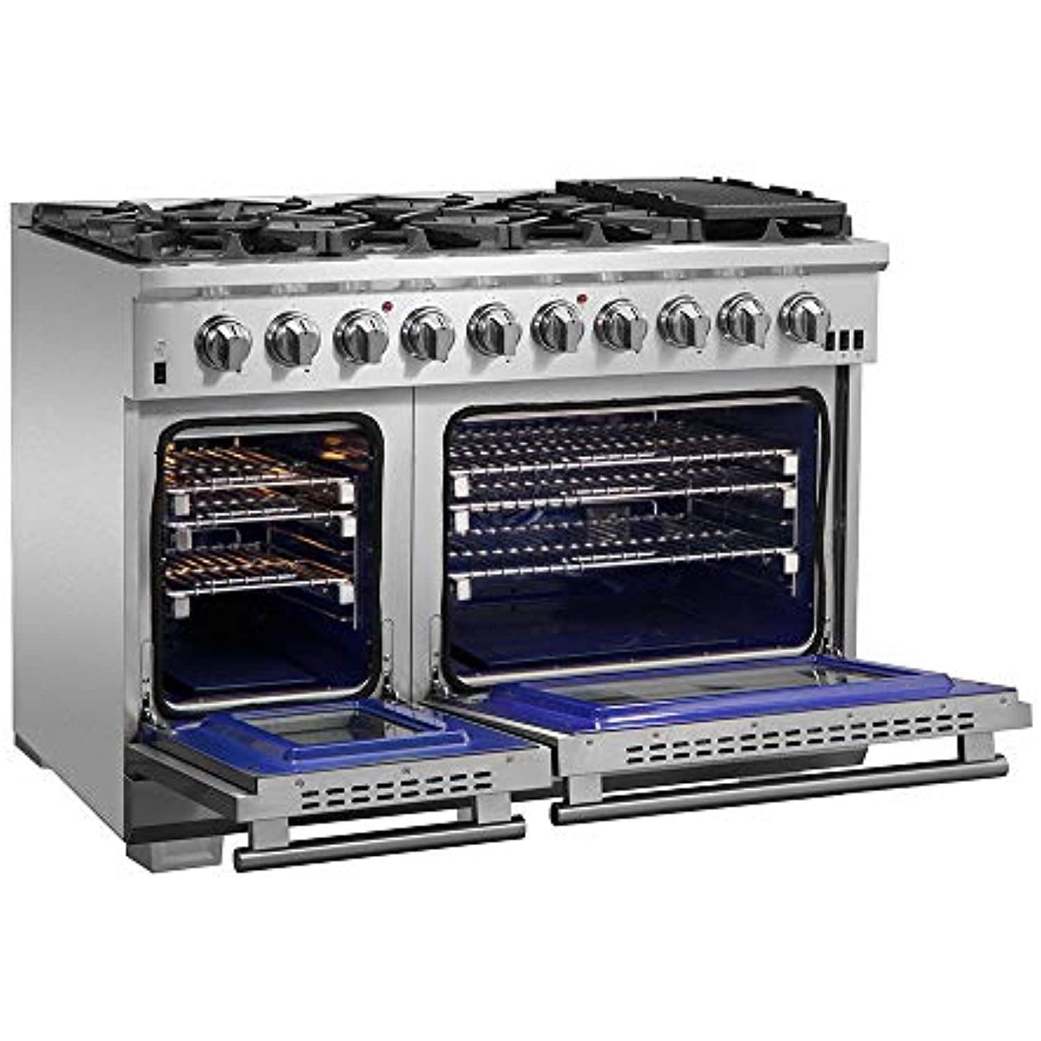 Capriasca 48-inch Gas Range Stainless Steel, 8 Brass Burners 160,000 BTU, 6.58 cu.ft. Double Ovens