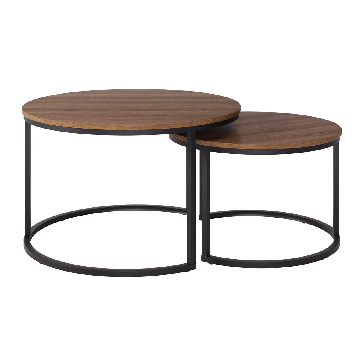 Contemporary Round Wood & Metal Nesting Coffee Tables - Black/Brown