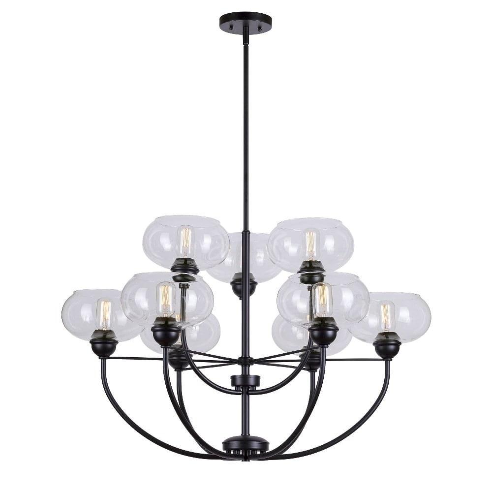 Cameron Contemporary Black Steel 9-Light Chandelier with Clear Glass Shades