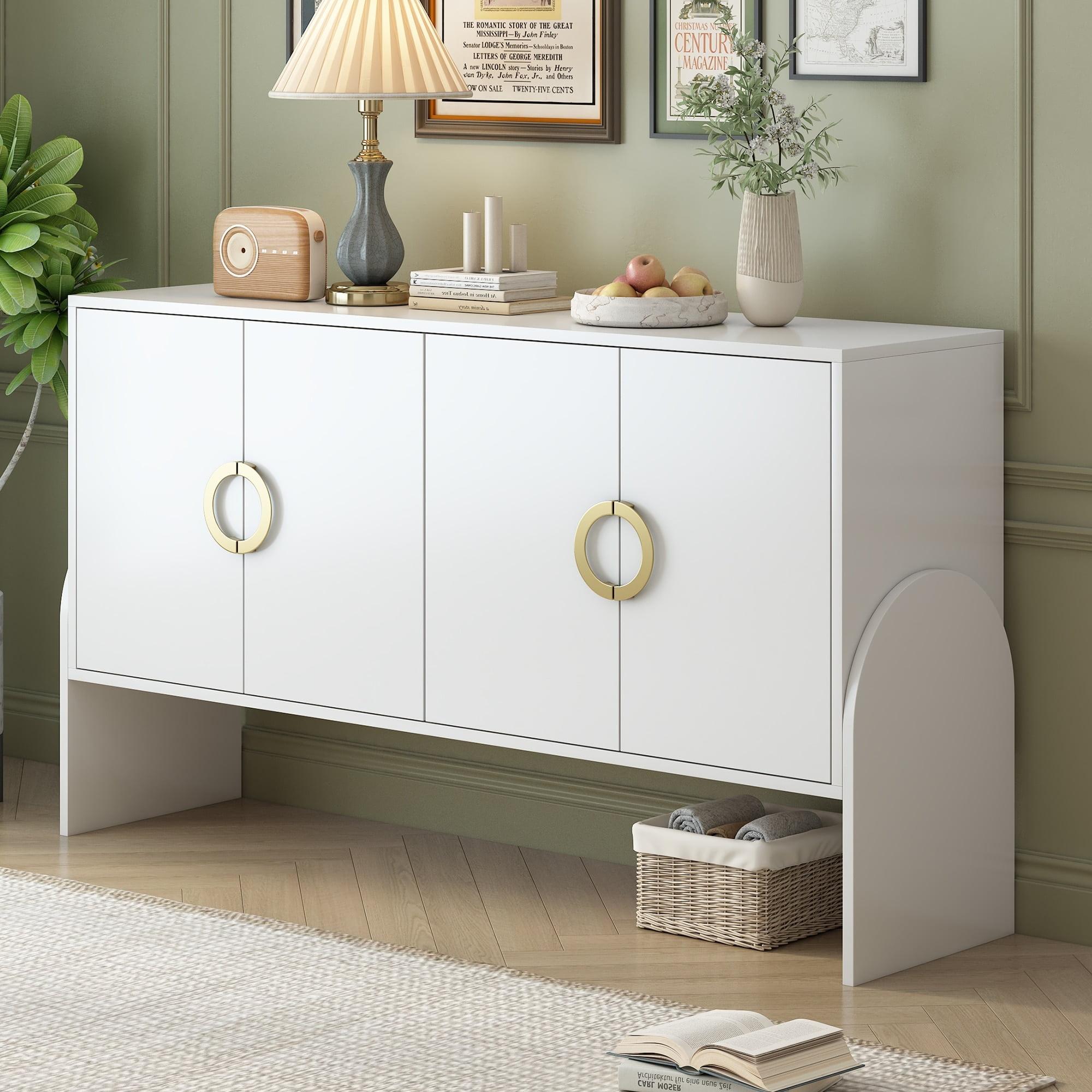 White Four-Door MDF Sideboard with Metal Handles and Curved Legs