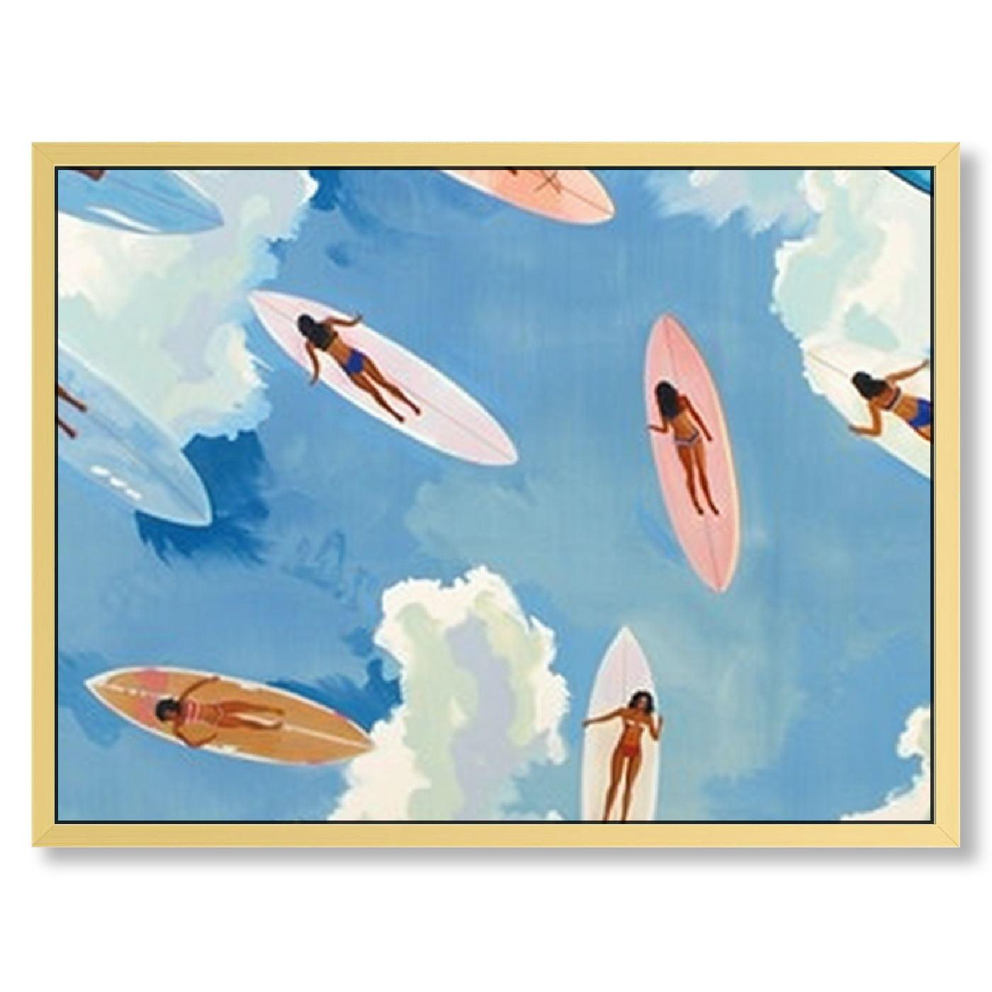 Beige Framed Watercolor Surfboard Beach Scene Poster