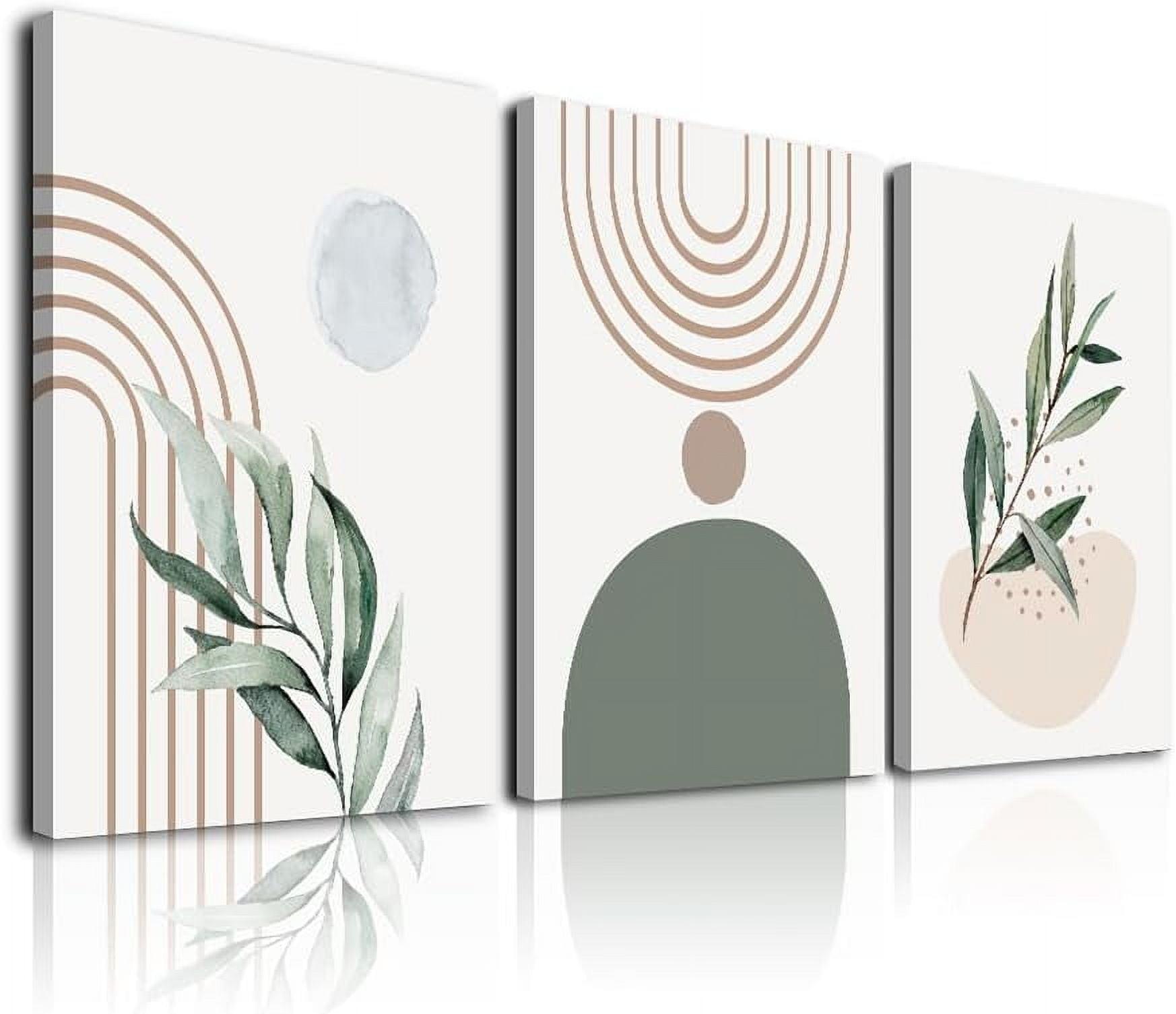 Boho Wall Art, Mid Century Modern Wall Art, Set of 3 Framed Canvas Wall Art Prints 12"x16" Abstract Geometric Neutral Sage Green Boho Artwork Wall Decor for Bedroom Living Room Bathroom
