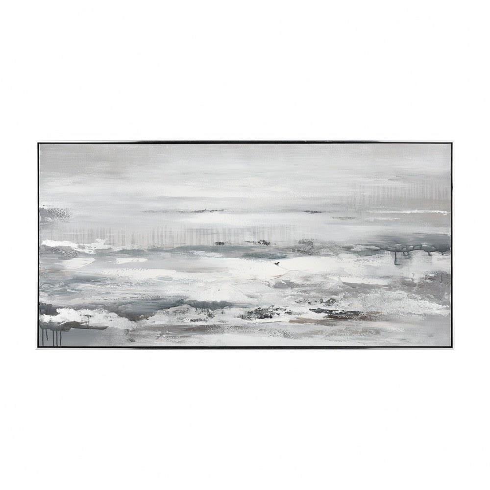 Framed Light Blue and Gray Abstract Ocean Waves Acrylic Painting on Canvas