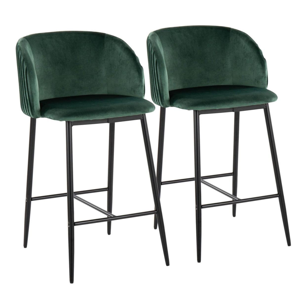 Green Velvet and Black Metal Pleated Counter Stools, Set of 2