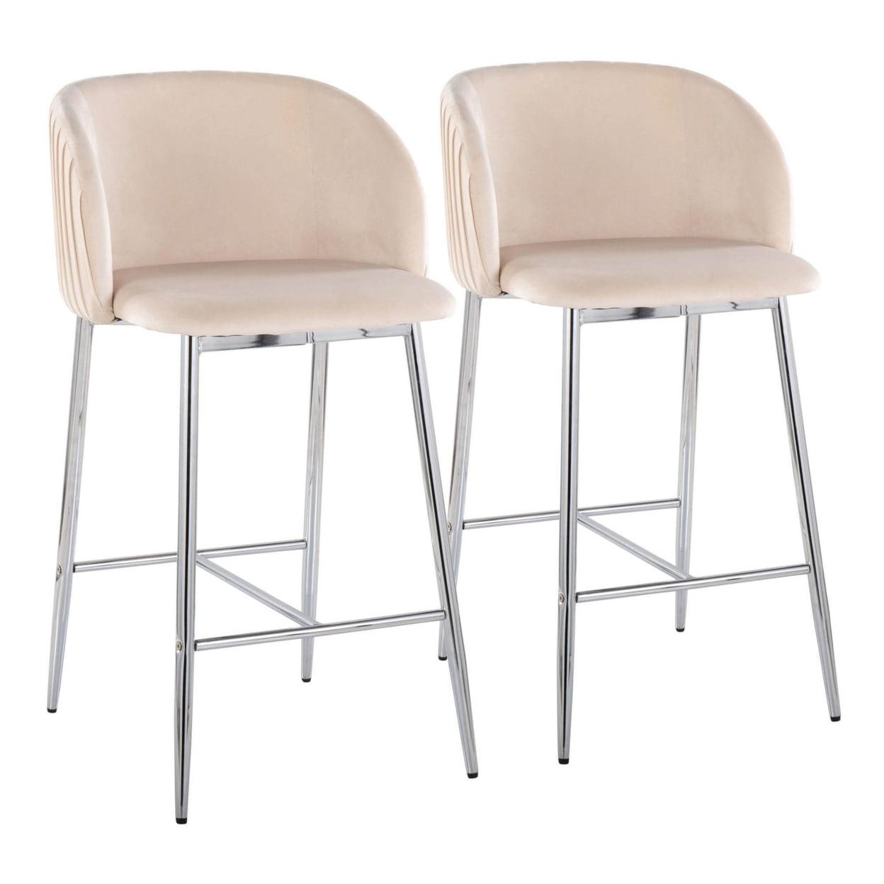 Fran Pleated Chrome & White Velvet Contemporary Counter Stool - Set of 2