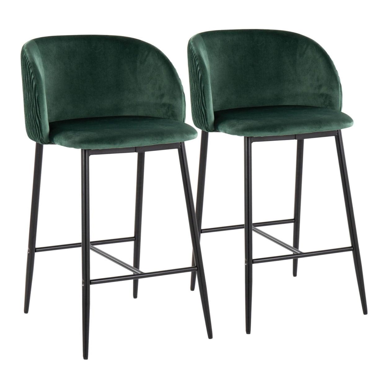 Fran Pleated Waves Contemporary Fixed-Height Counter Stool In Black Metal And Green Velvet - Set Of 2