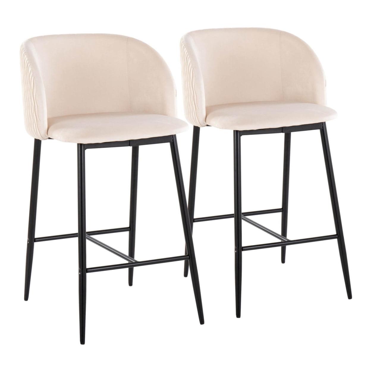 Fran Pleated Waves 21" White Velvet Counter Stool with Metal Legs - Set of 2