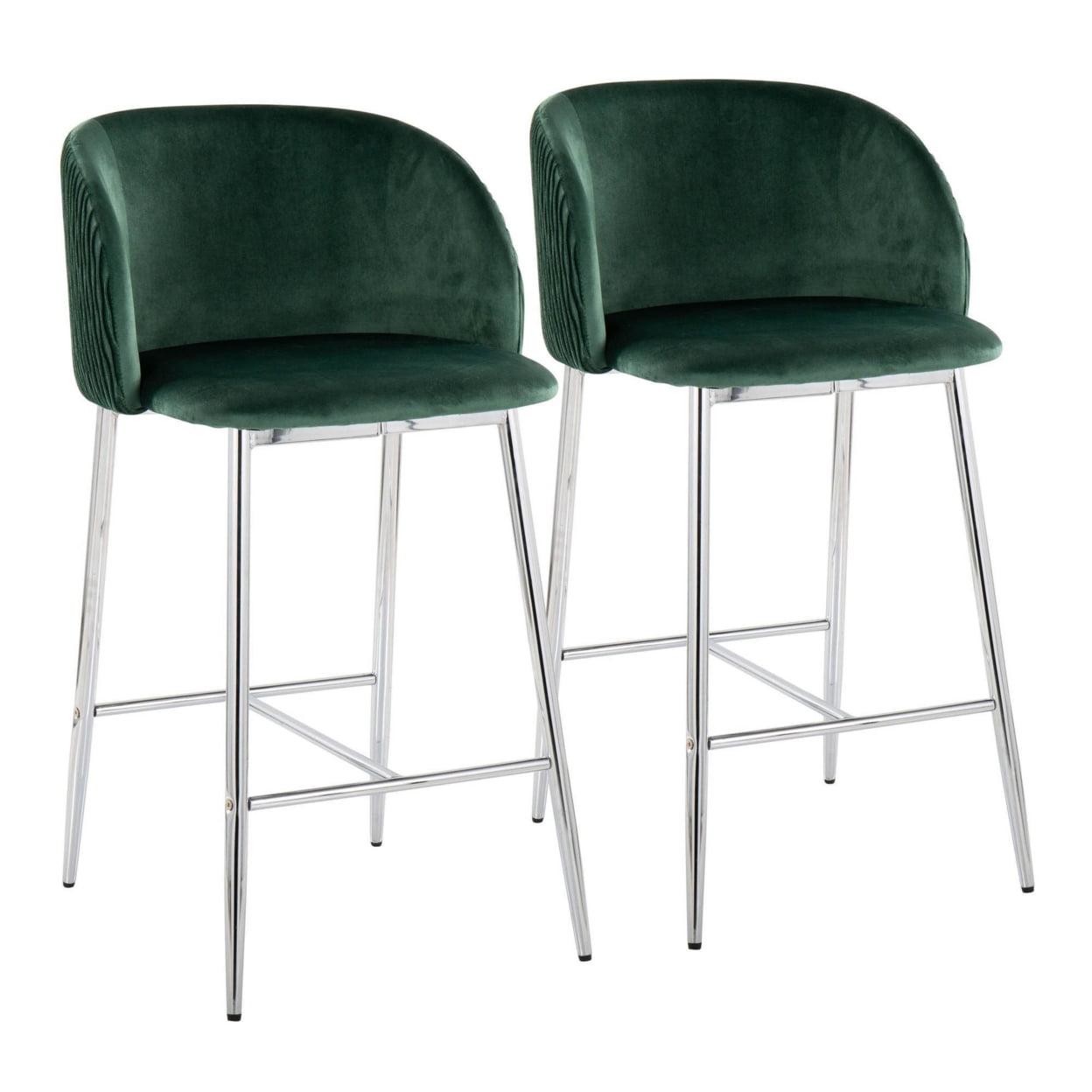 Fran Pleated Waves Contemporary Glam Fixed-Height Counter Stool In Chrome Metal And Green Velvet - Set Of 2