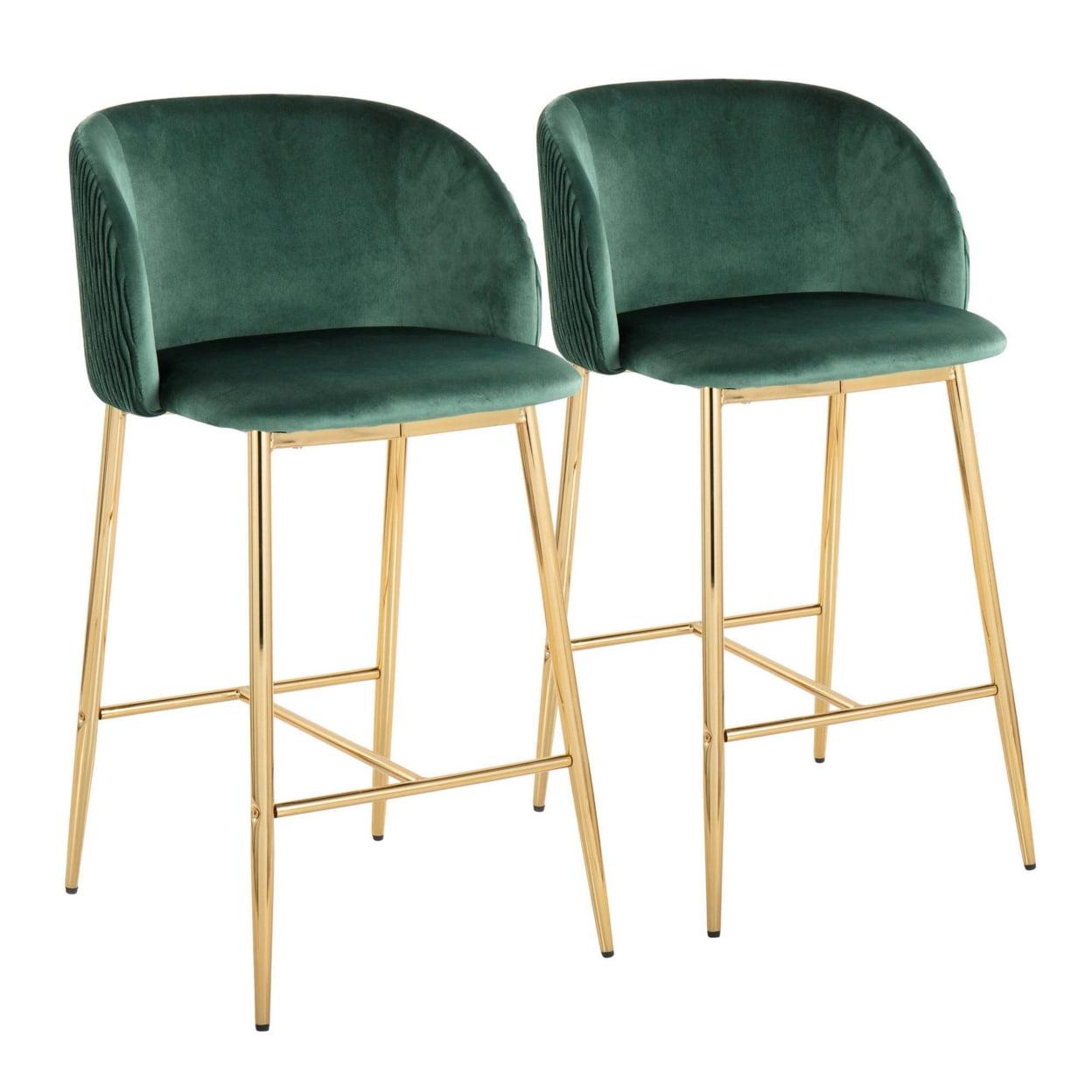 Set of 2 Green Velvet and Gold Metal Counter Stools