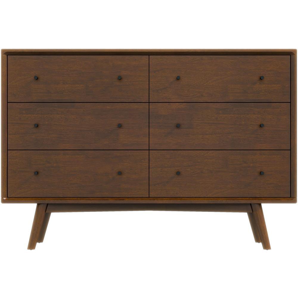 Walnut Brown Mid-Century Modern Double Dresser with Six Drawers