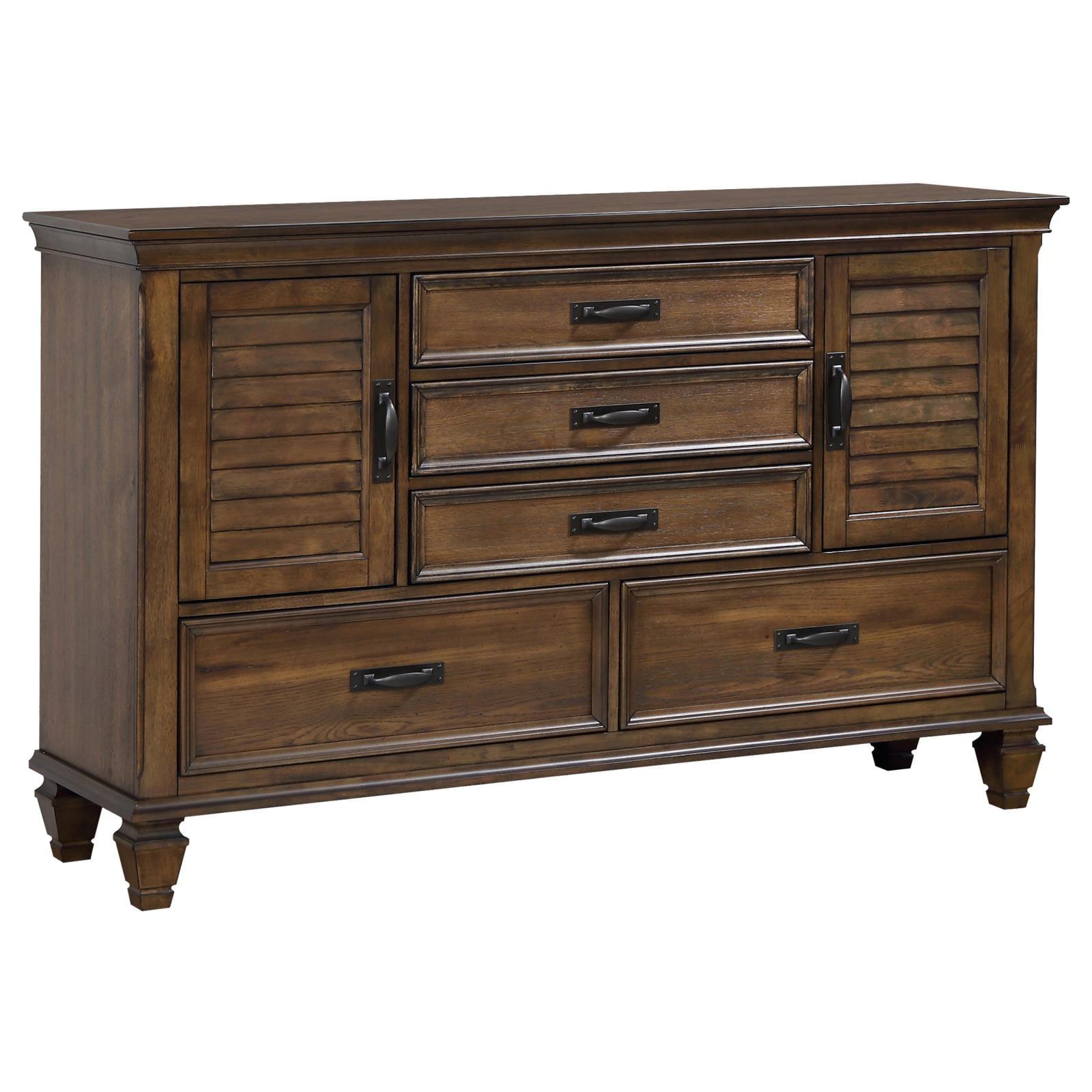 Burnished Oak 5-Drawer Dresser with Louvered Doors