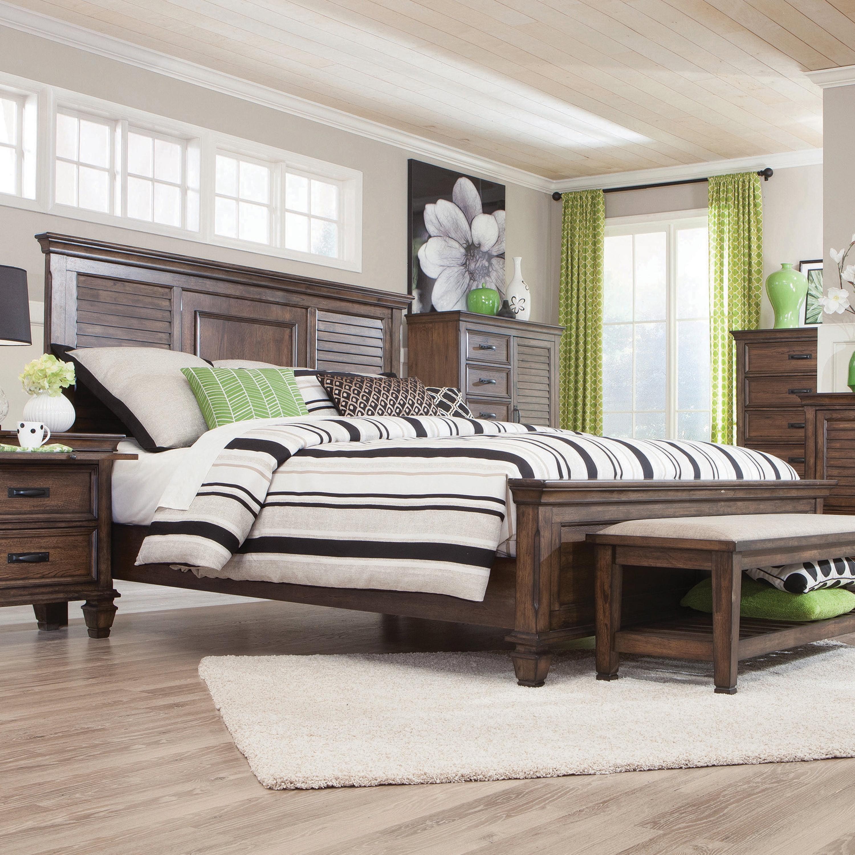 Transitional Pine King Panel Bed with Storage Drawer in Burnished Oak