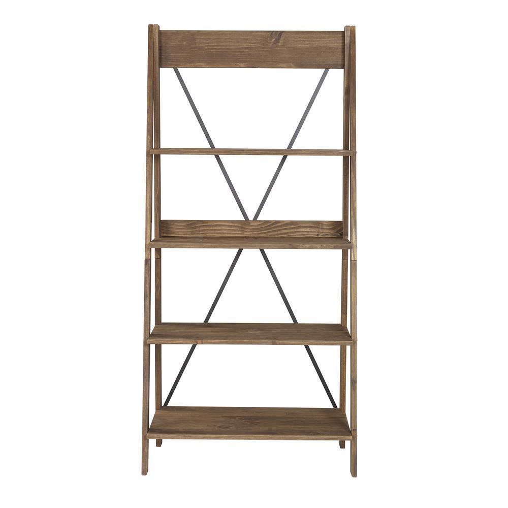 Pine Wood 68'' Brown Ladder Bookshelf with Metal X Design