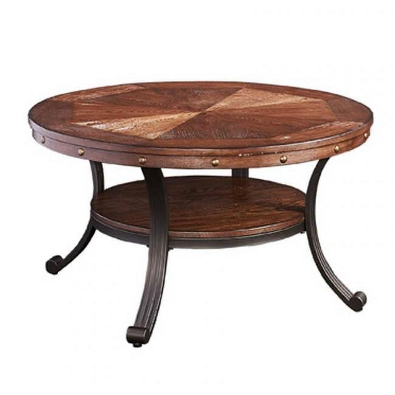 Rustic Umber Brown Franklin Round Cocktail Table with Nailhead Accents