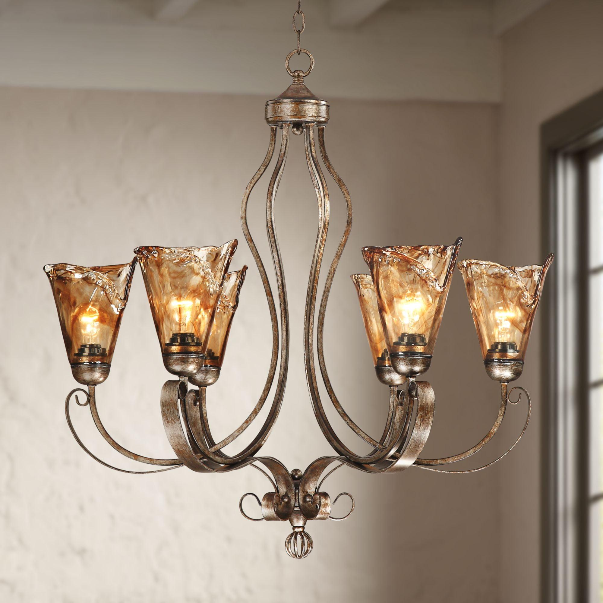 Amber Glass Bronze 6-Light Bell Chandelier