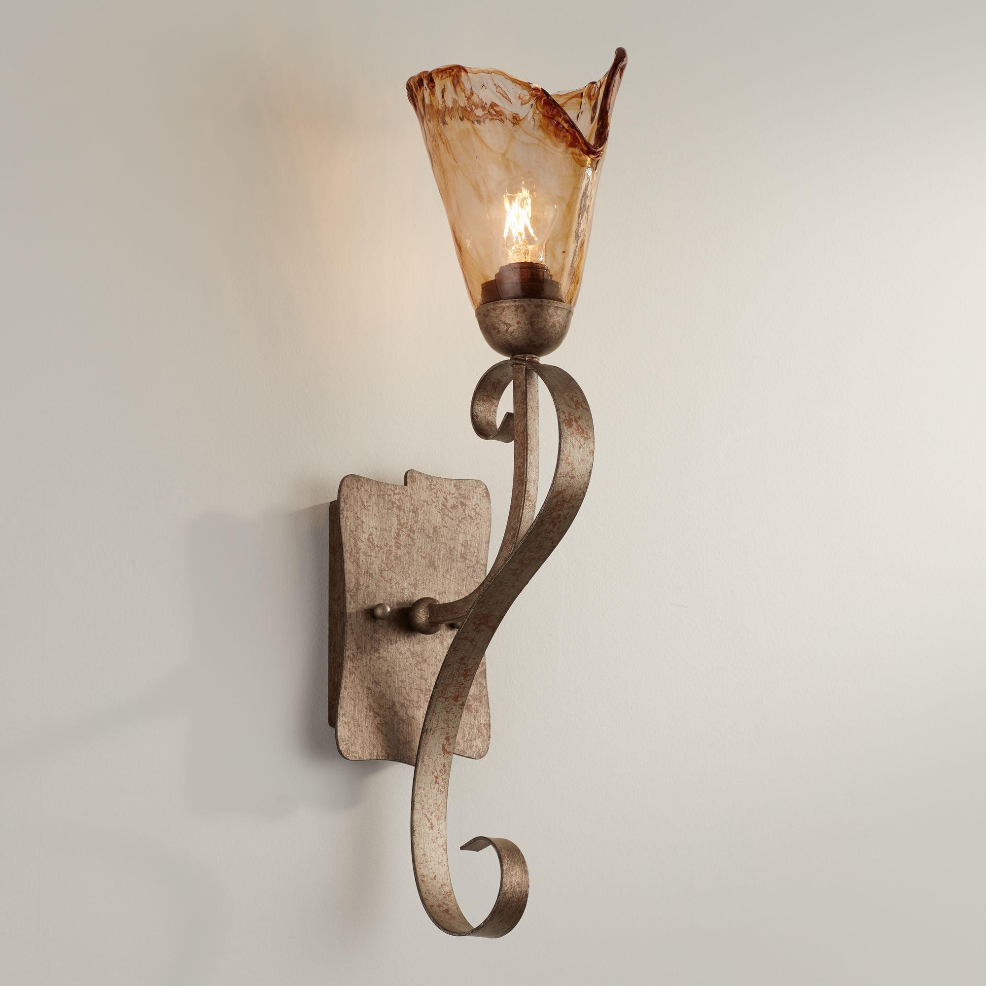 Amber Glass Bronze Scroll Wall Sconce for Vanity