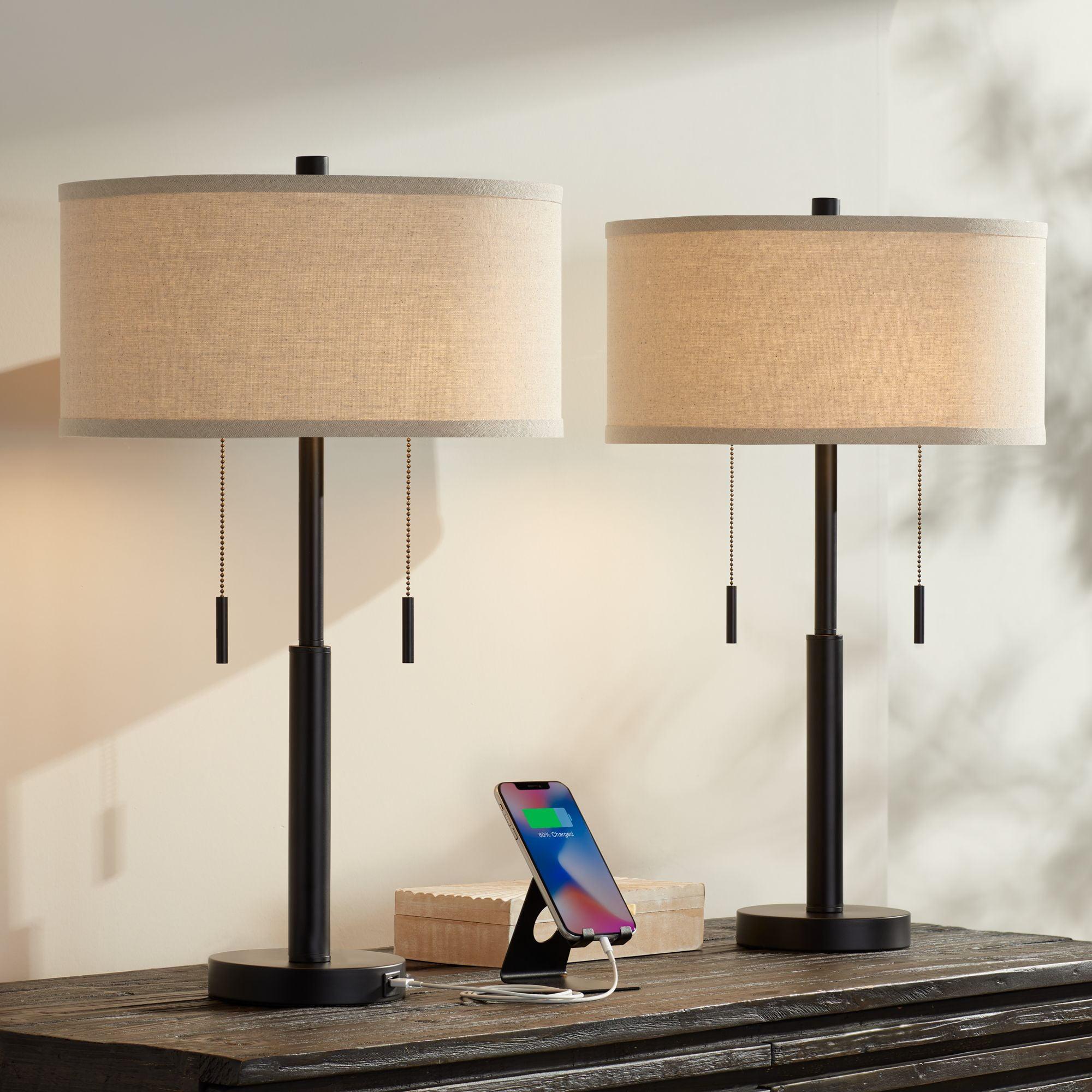 Franklin Iron Works Bernie Industrial Table Lamps 25" High Set of 2 Rich Bronze with USB Charging Port Tan Drum Shade for Bedroom Living Room Bedside