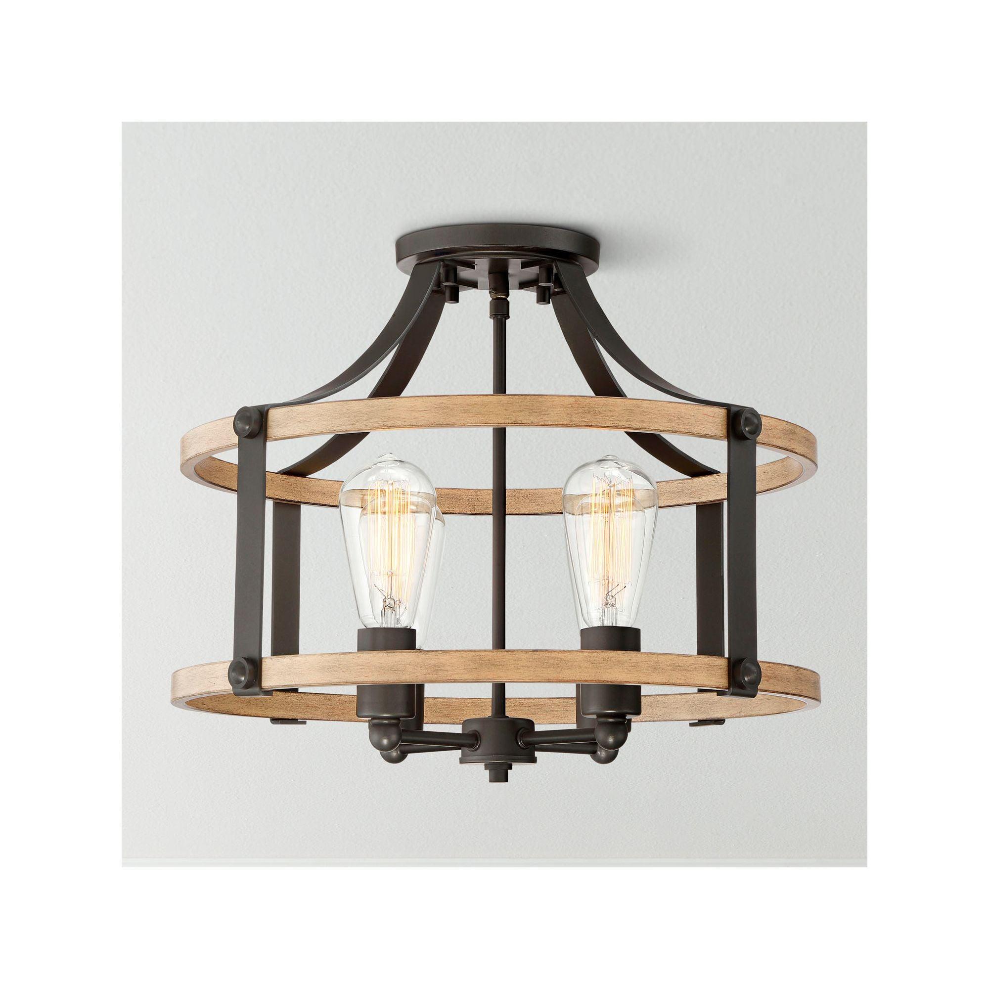 Franklin Iron Works Buford Rustic Farmhouse Ceiling Light Semi Flush Mount Fixture 18" Wide Faux Wood Black 4-Light for Bedroom Kitchen Living Room