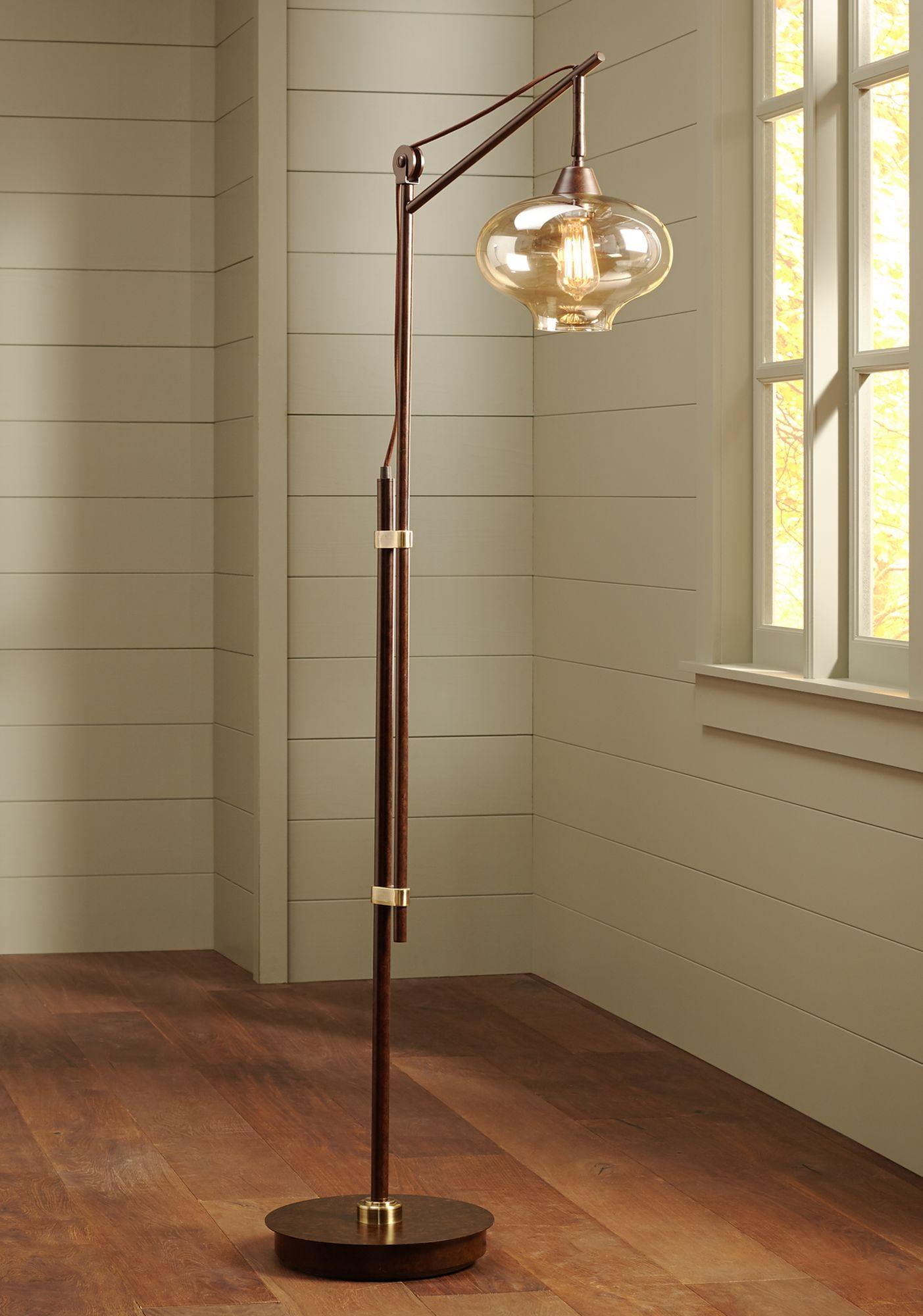 Franklin Iron Works Calyx Industrial Downbridge Floor Lamp 66" Tall Bronze Dimmable LED Cognac Tinted Glass for Living Room Reading Bedroom House Home