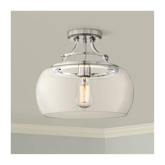 Franklin Iron Works Charleston Modern Industrial Ceiling Light Semi Flush Mount Fixture 13 1/2" Wide Brushed Nickel LED Clear Glass Shade for Bedroom